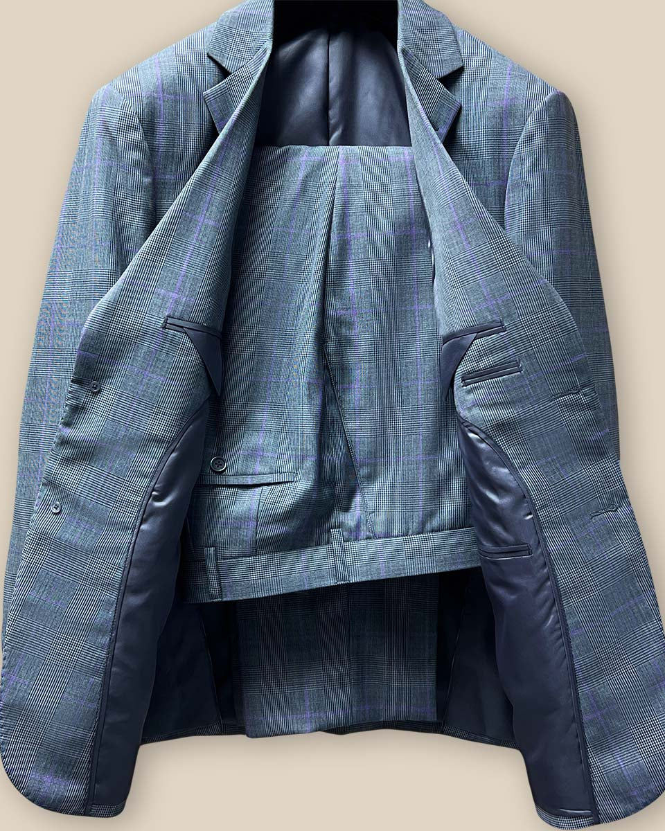 Front view of complete two-piece grey suit with Prince of Wales plaid and purple windowpane pattern