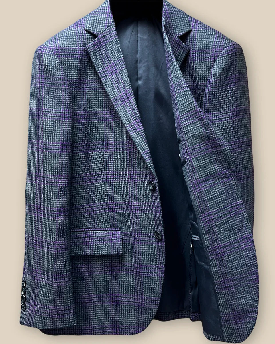 Interior view of left side of custom grey plaid sport coat showing dark grey Bemberg silk lining