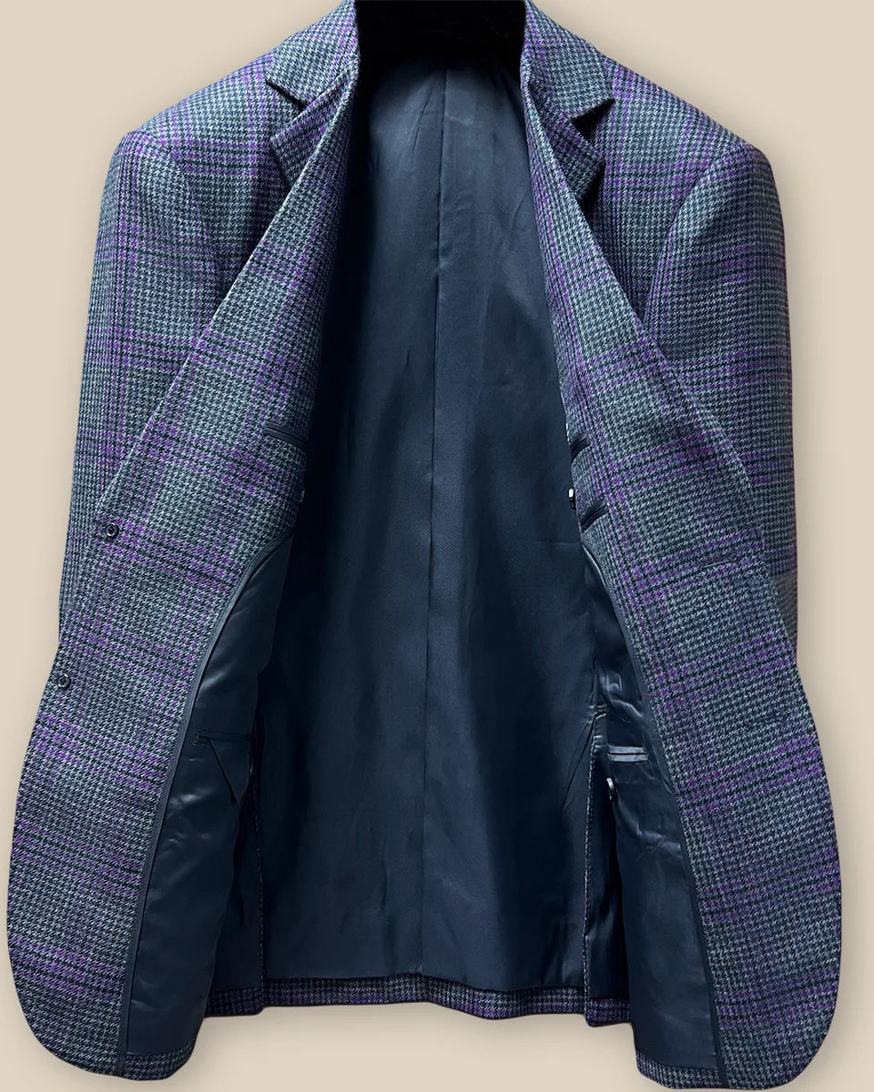 Full interior view of custom sport coat showcasing luxurious dark grey Bemberg silk lining