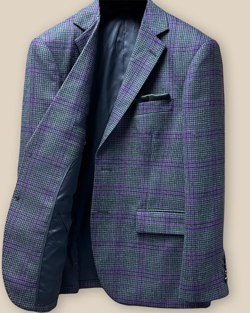 Interior view of right side of bespoke grey plaid sport coat, highlighting inner pocket details