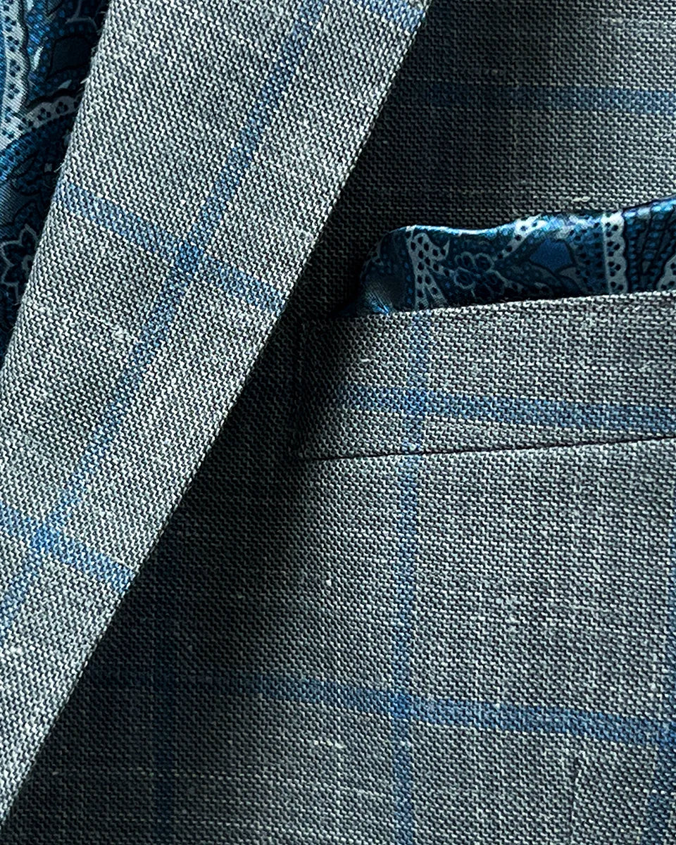 Close-up of the built-in pocket square feature on the Westwood Hart grey with medium blue windowpane men's sport coat.