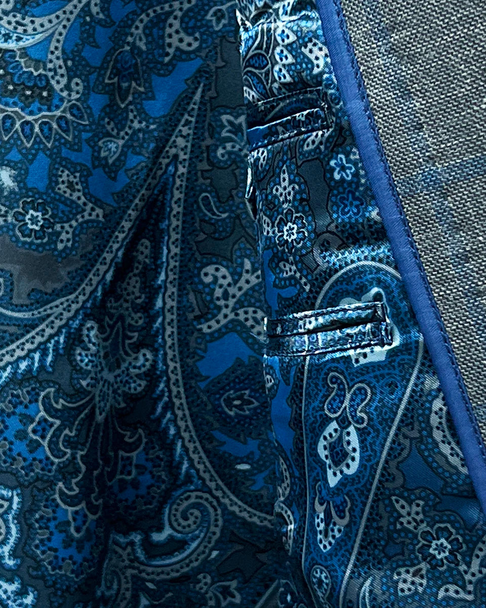 Inside view showcasing the flash linings of the Westwood Hart grey with medium blue windowpane men's sport coat.