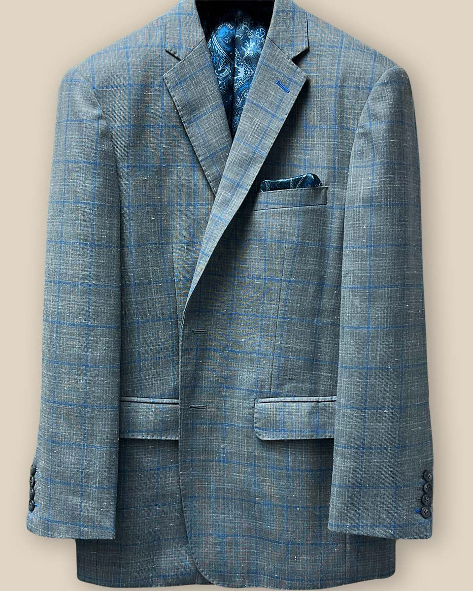 Close-up view of the jacket buttonhole panel on the Westwood Hart grey with medium blue windowpane men's sport coat.