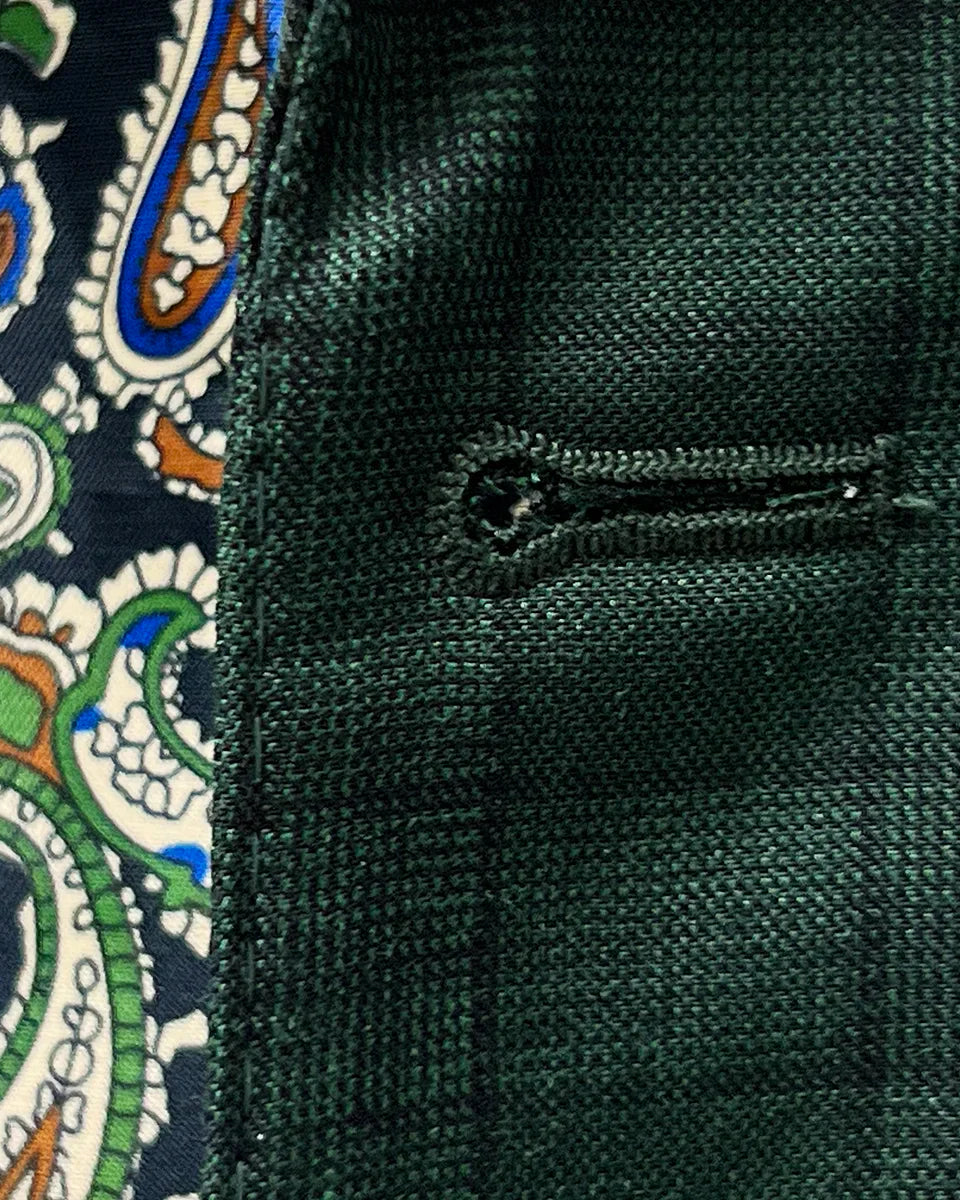 Detailed macro shot of hand-finished buttonhole stitching on hunter green checkered sport coat with black contrast thread