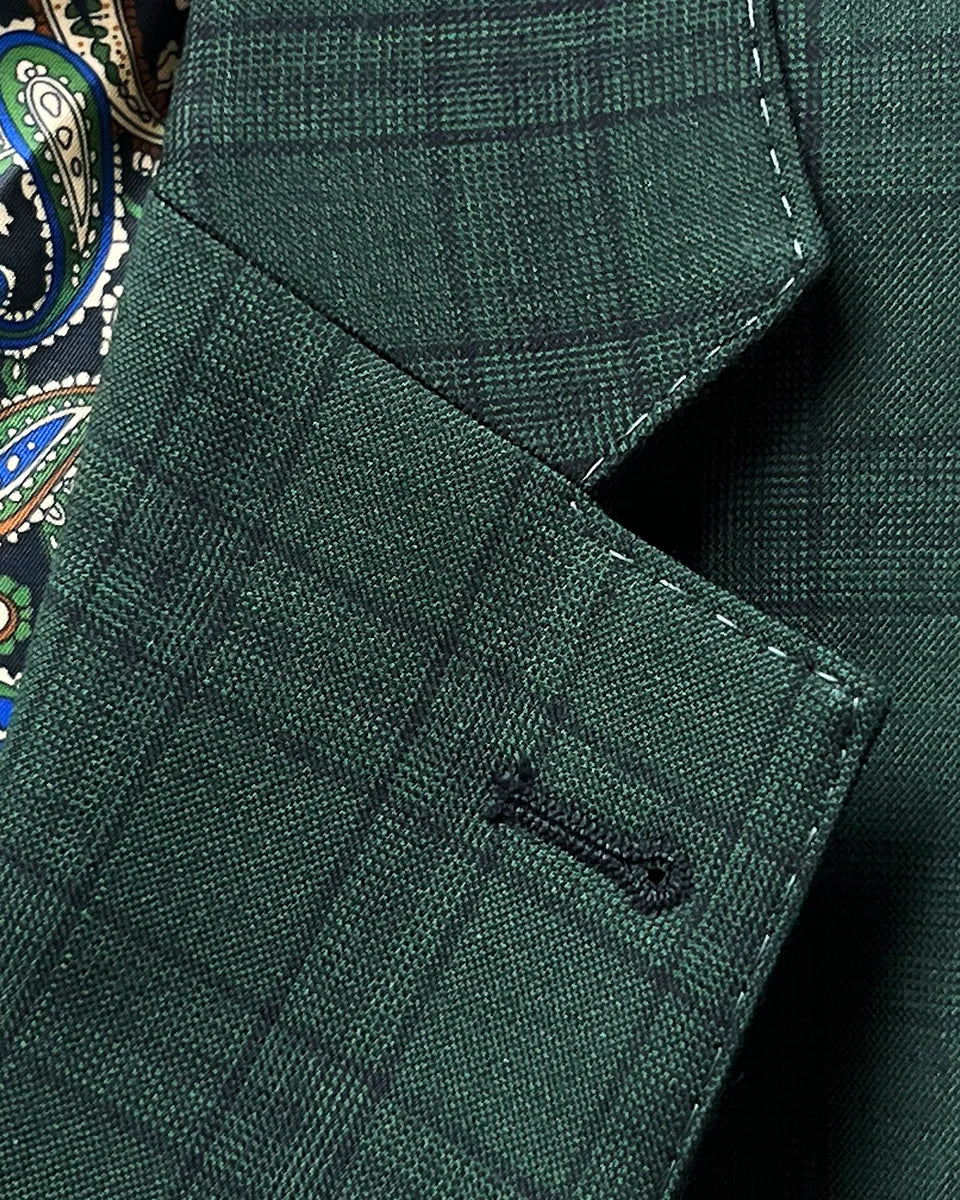 Classic notch lapel detail on hunter green checkered sport coat jacket showing hand pick stitching and black check pattern