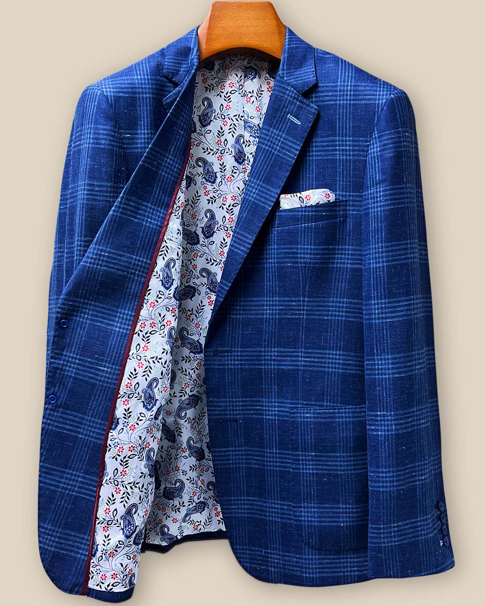 Right interior panel view highlighting internal construction details and vibrant paisley lining craftsmanship of custom tailored jacket