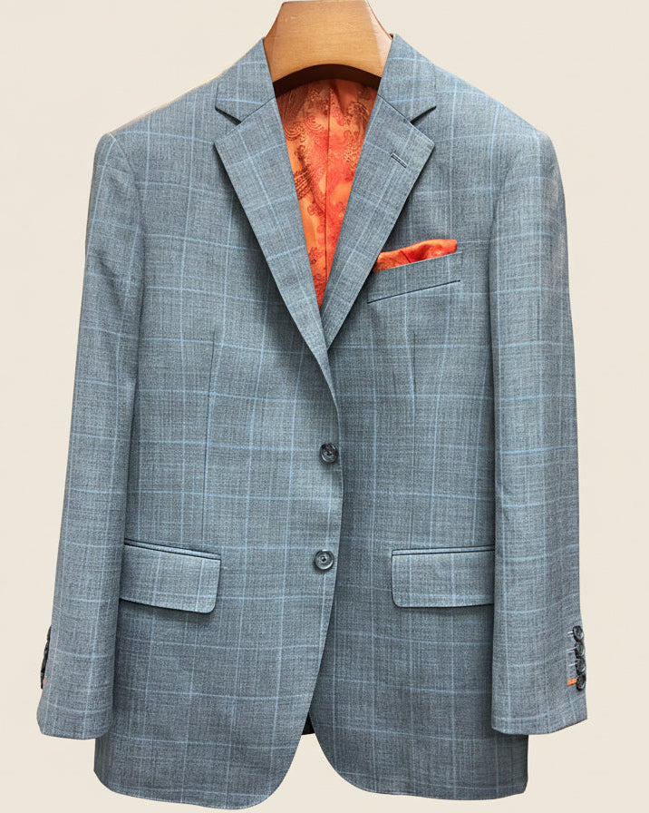Front button panel of light gray with light blue windowpane sport coat featuring dark gray horn buttons and hand pick stitching