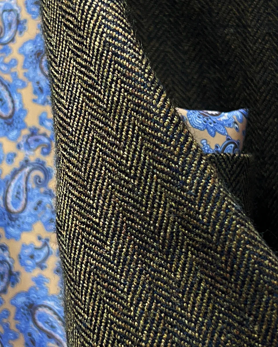 Decorative contrast stitching on buttonholes adding subtle design element to complement paisley lining accents