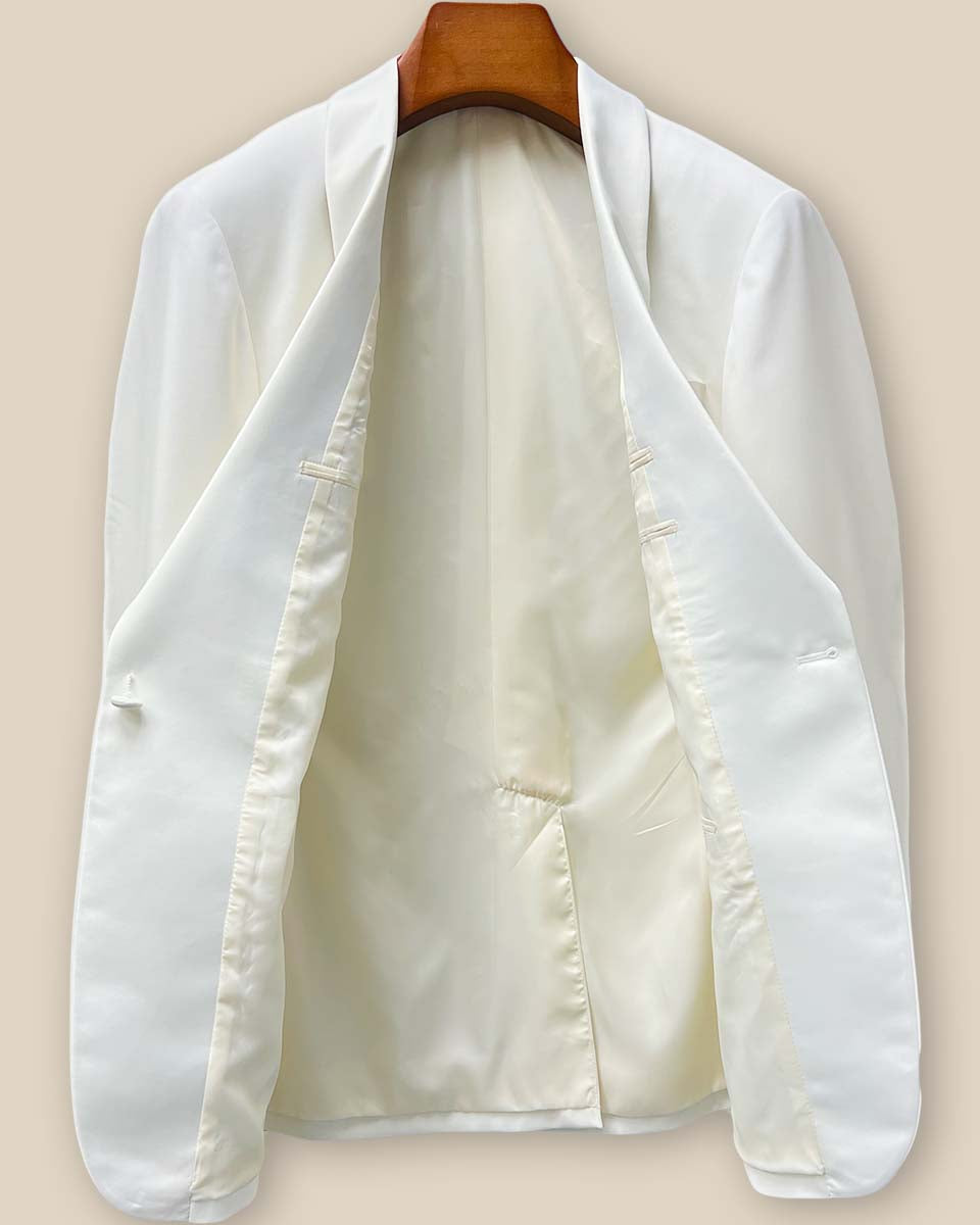 Full interior view of the Westwood Hart dinner jacket showcasing the premium off-white bemberg silk lining and impeccable interior construction