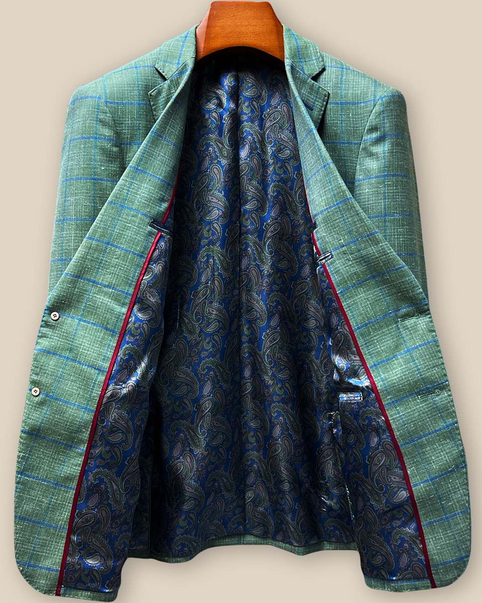 Full interior lining display showing blue paisley pattern with maroon piping details and Westwood Hart branded interior label