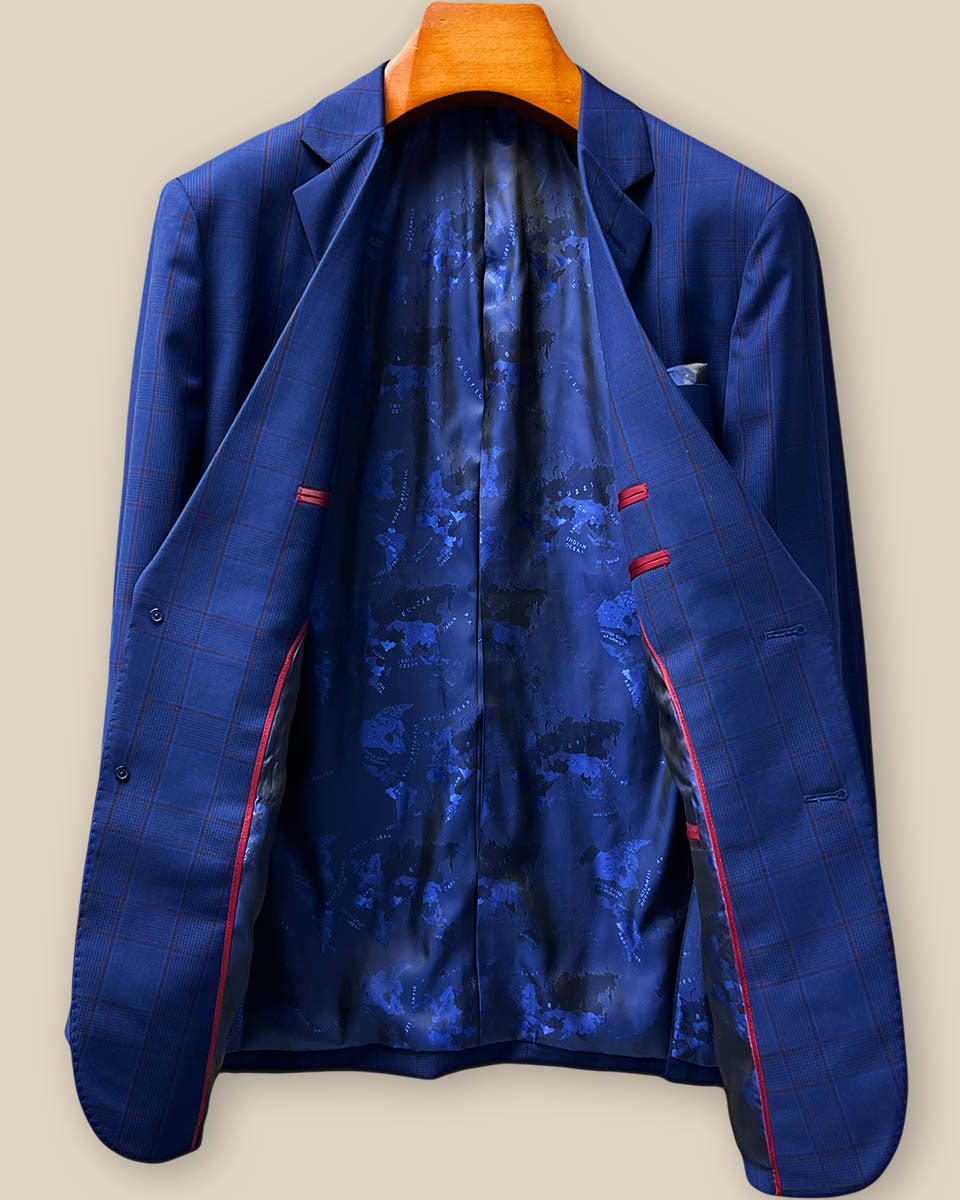 Full interior view showcasing the distinctive navy world geography map pattern flash lining with premium finishing details