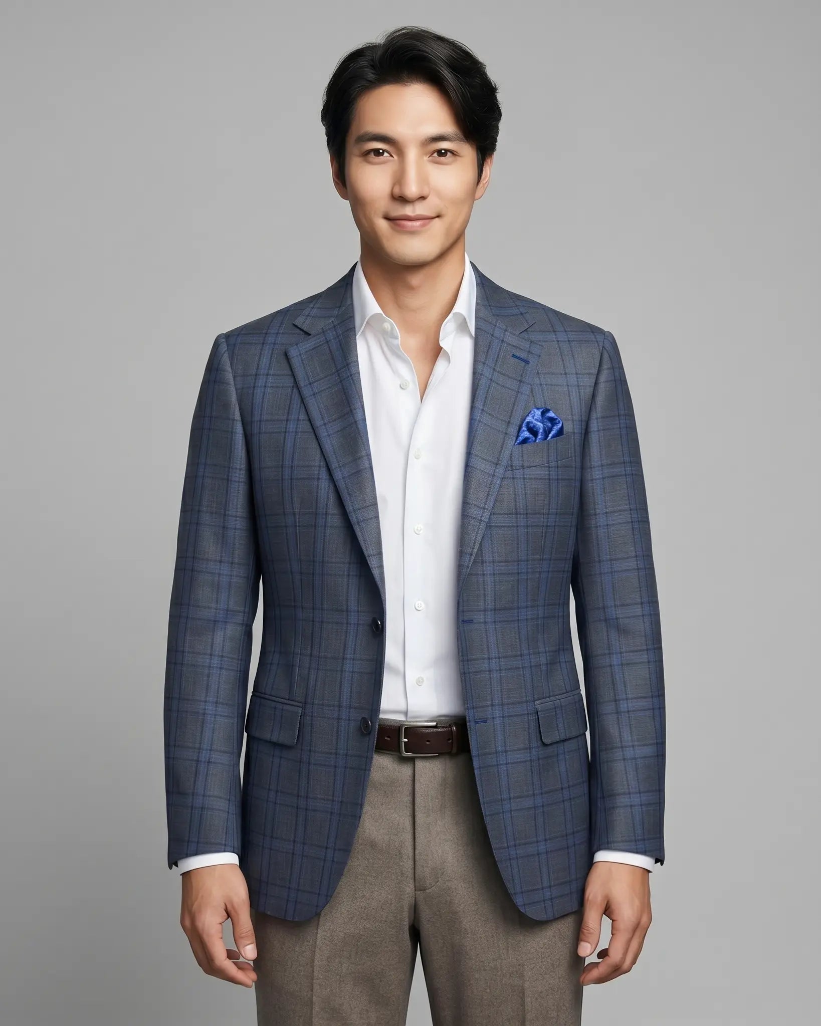 Front model view of charcoal grey royal blue windowpane men's sport coat showing the full front silhouette