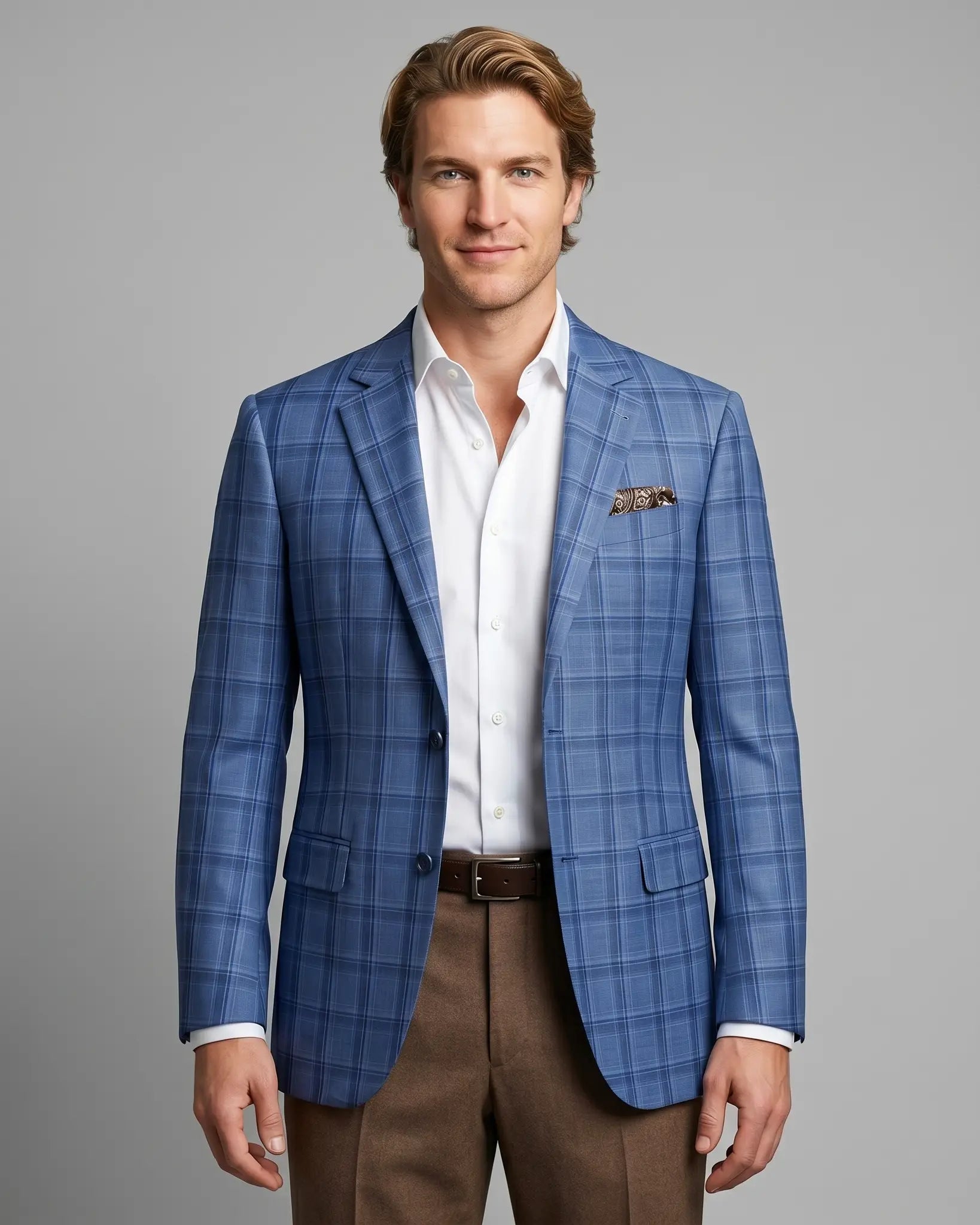 Front model view of Cornflower Blue Windowpane men's sport coat showing the full front look with open jacket styling