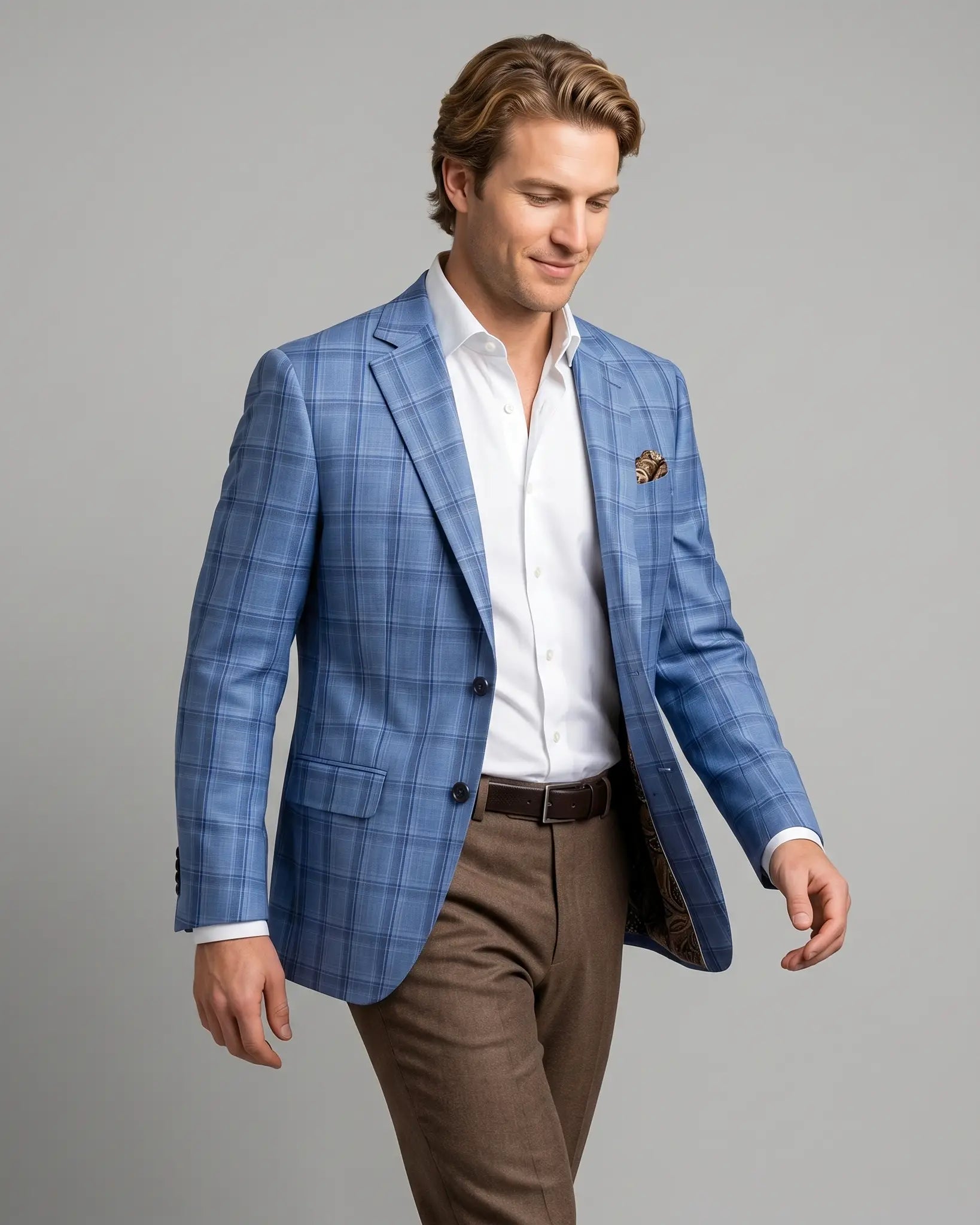 Side view model image of Cornflower Blue Windowpane men's sport coat showing the alternate angled view with subtle lining glimpse