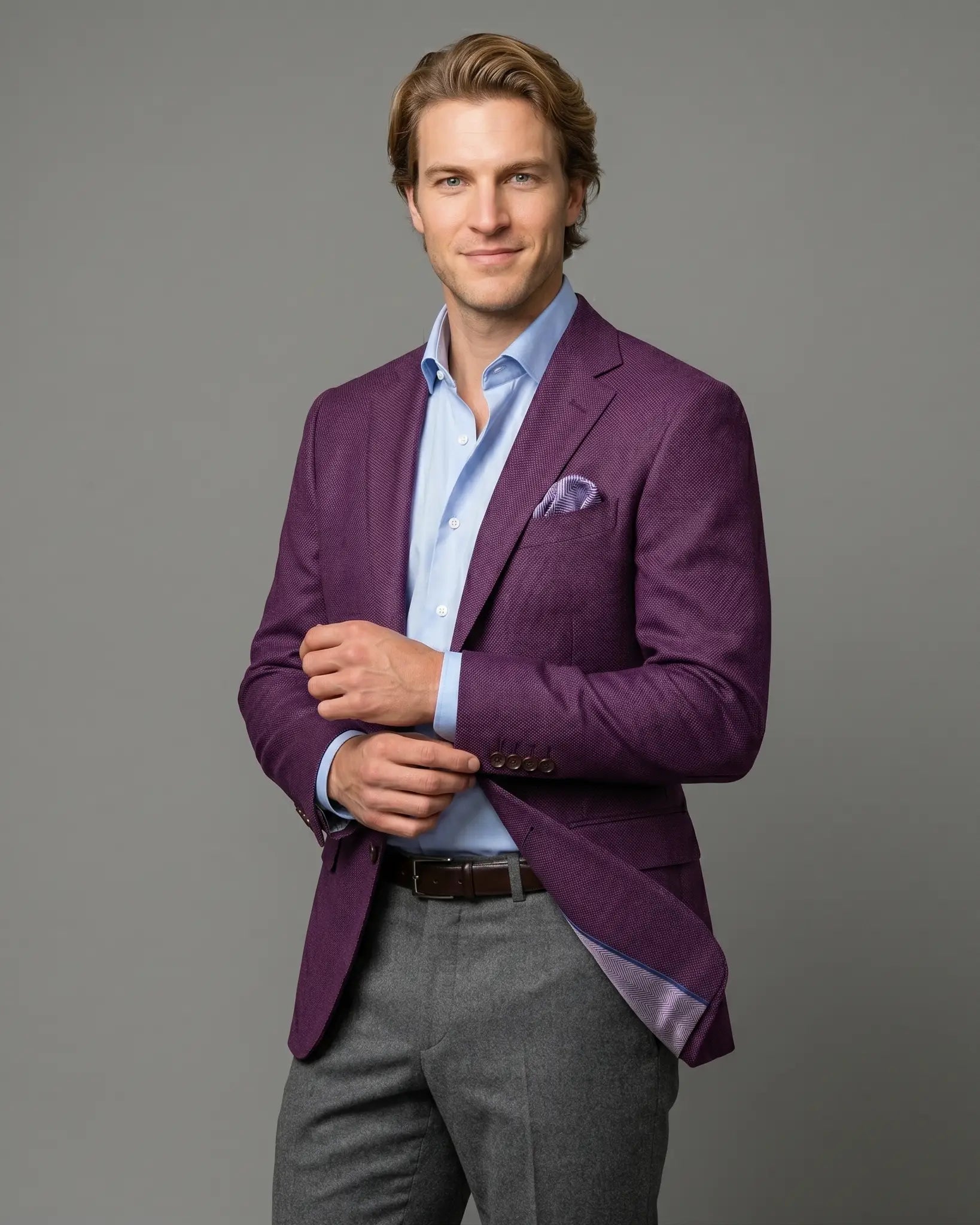 Side model sportcoat view of deep plum burgundy birdseye men's sport coat showing natural lining glimpse