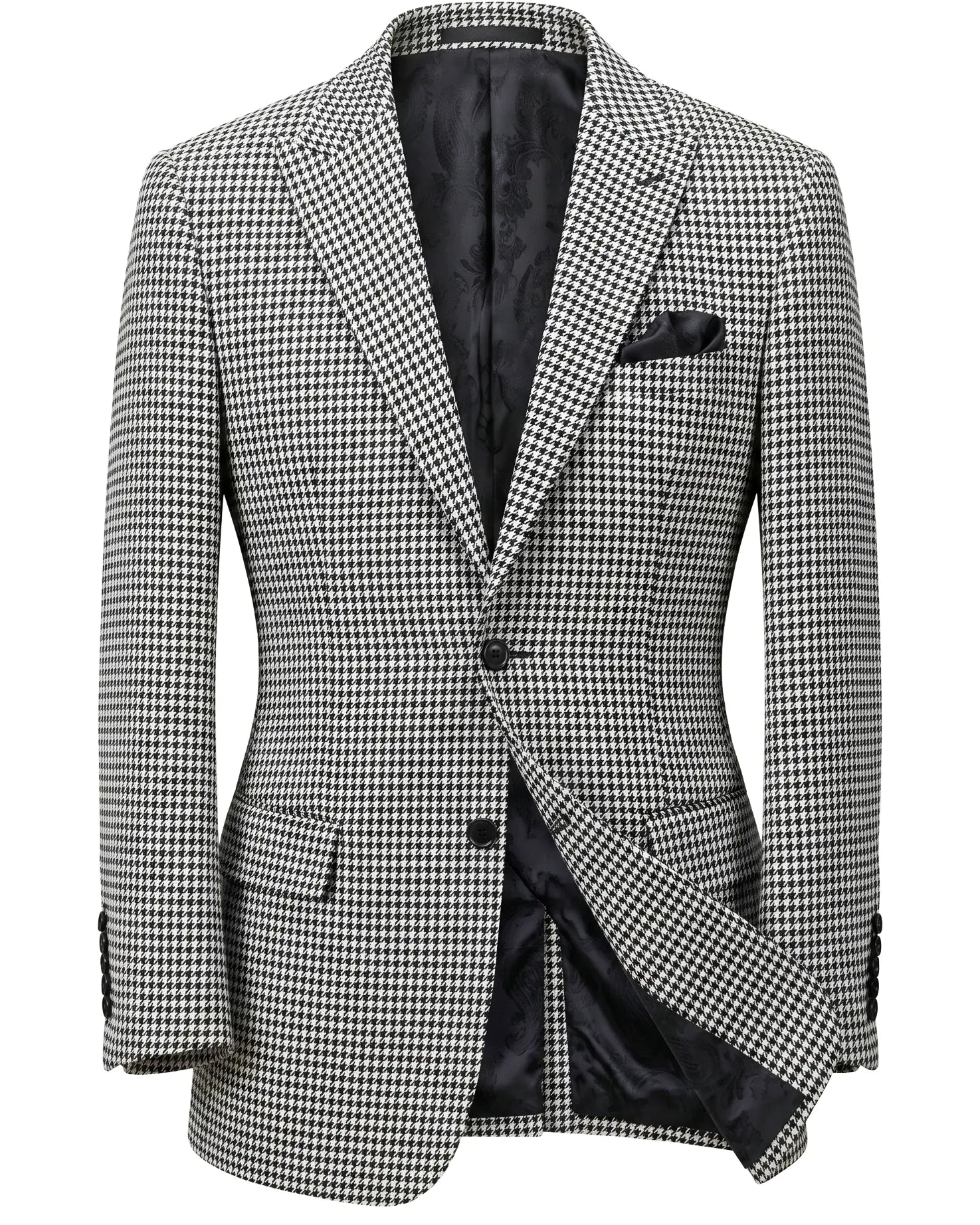 Ghost mannequin view of High Contrast Black and White Houndstooth men's sport coat showing the full jacket construction.