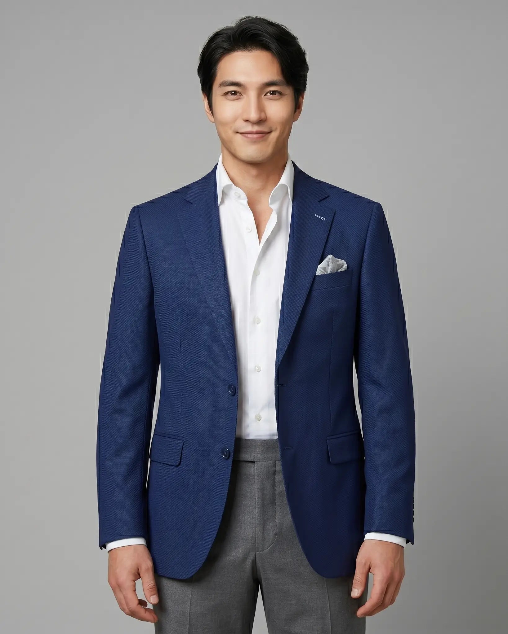 Front model view of Royal blue Birdseye men's sport coat showing the full front silhouette and open styling