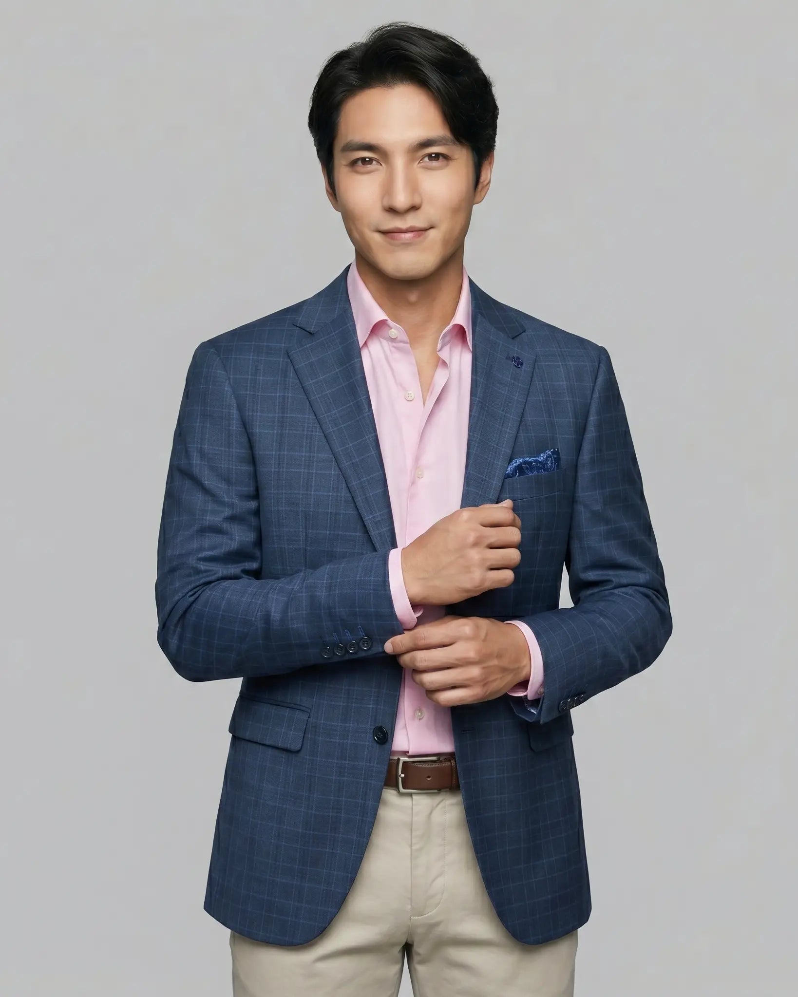 Sportcoat side model view of slate blue windowpane check men's sport coat showing natural lining glimpse and tailored drape