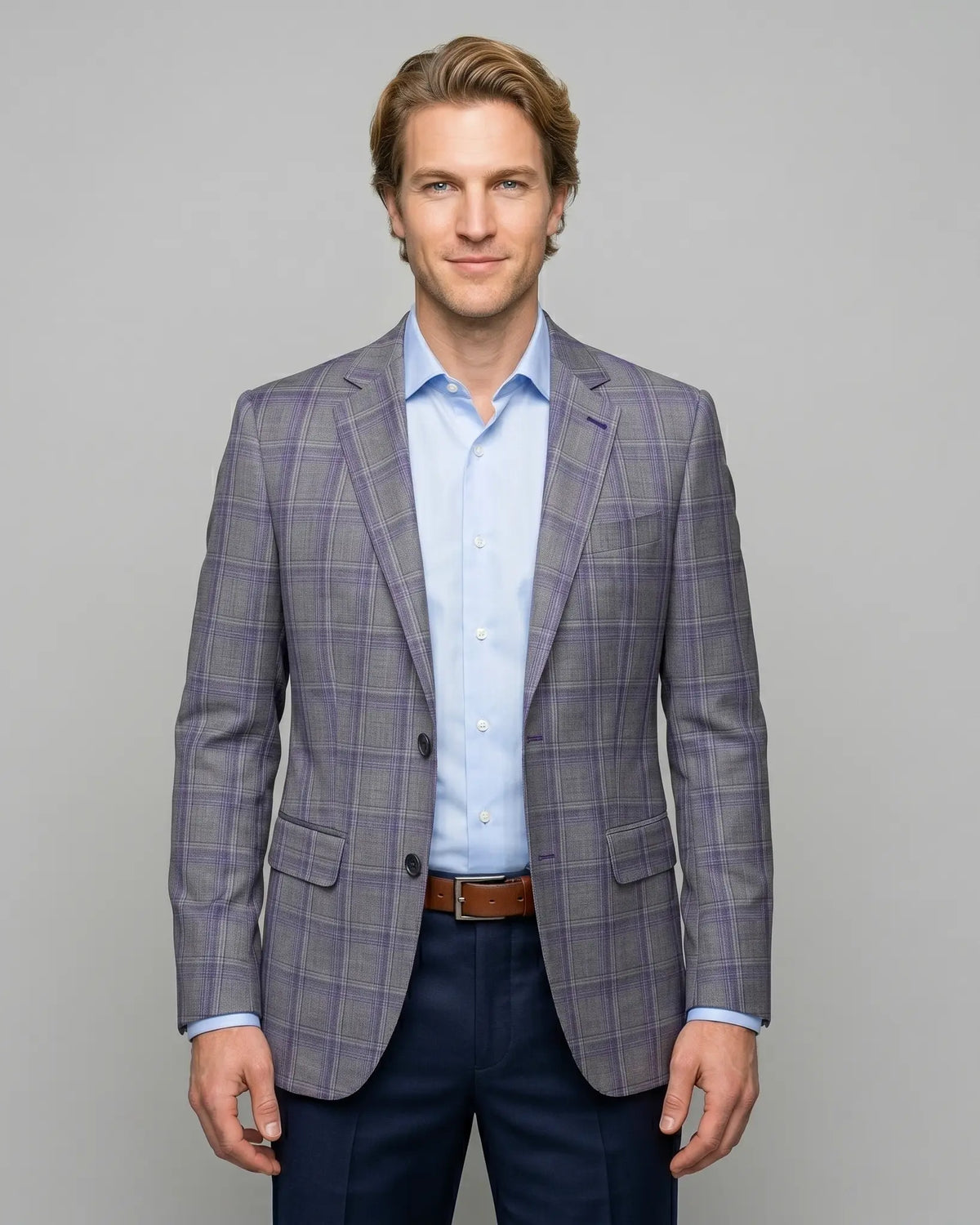 Front model view of Steel Grey Windowpane men's sport coat showing the full front silhouette, notch lapels, straight flap pockets, and matching pocket square.