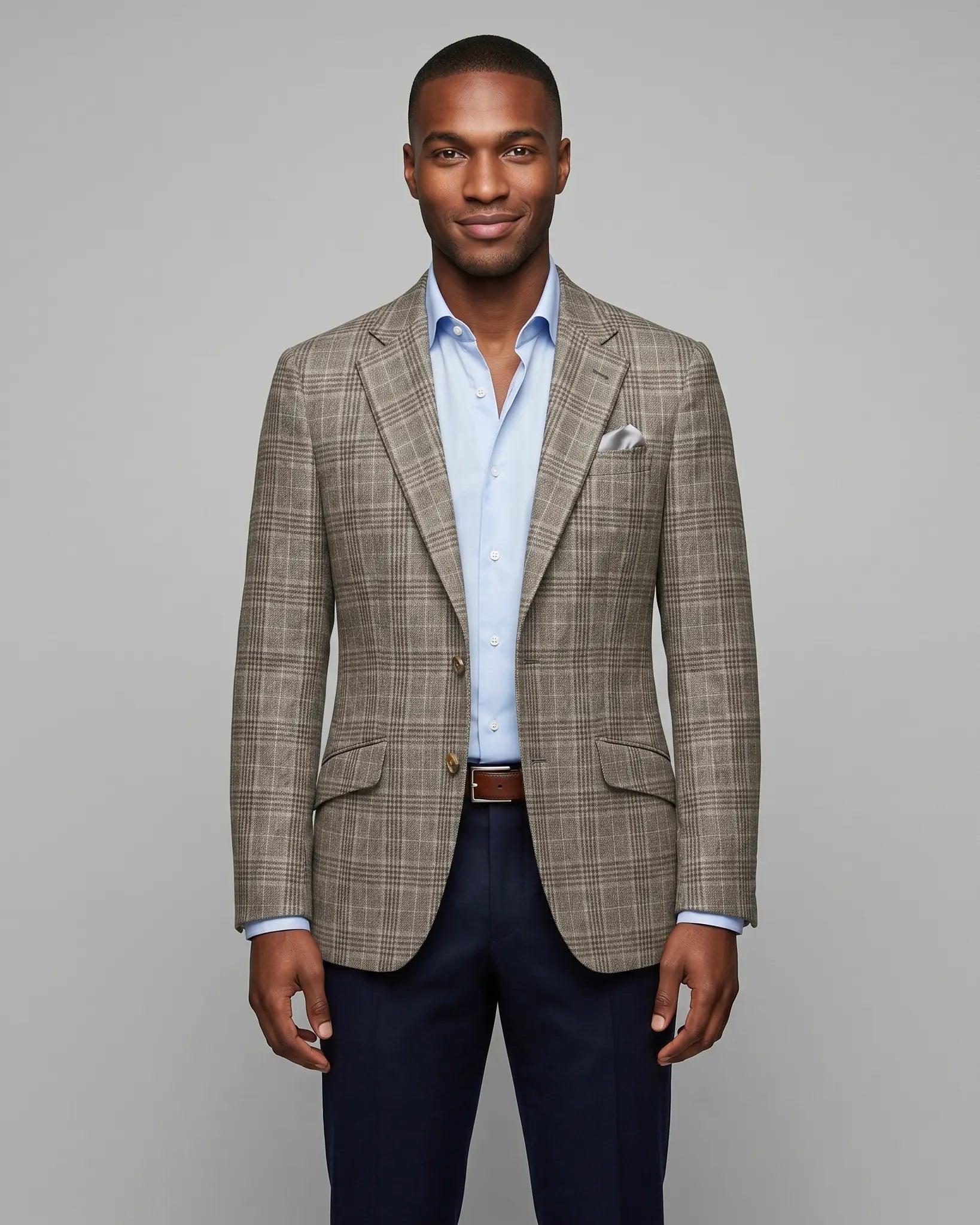 Front model view of Warm Taupe Textured Check men's sport coat showing overall silhouette and open front styling