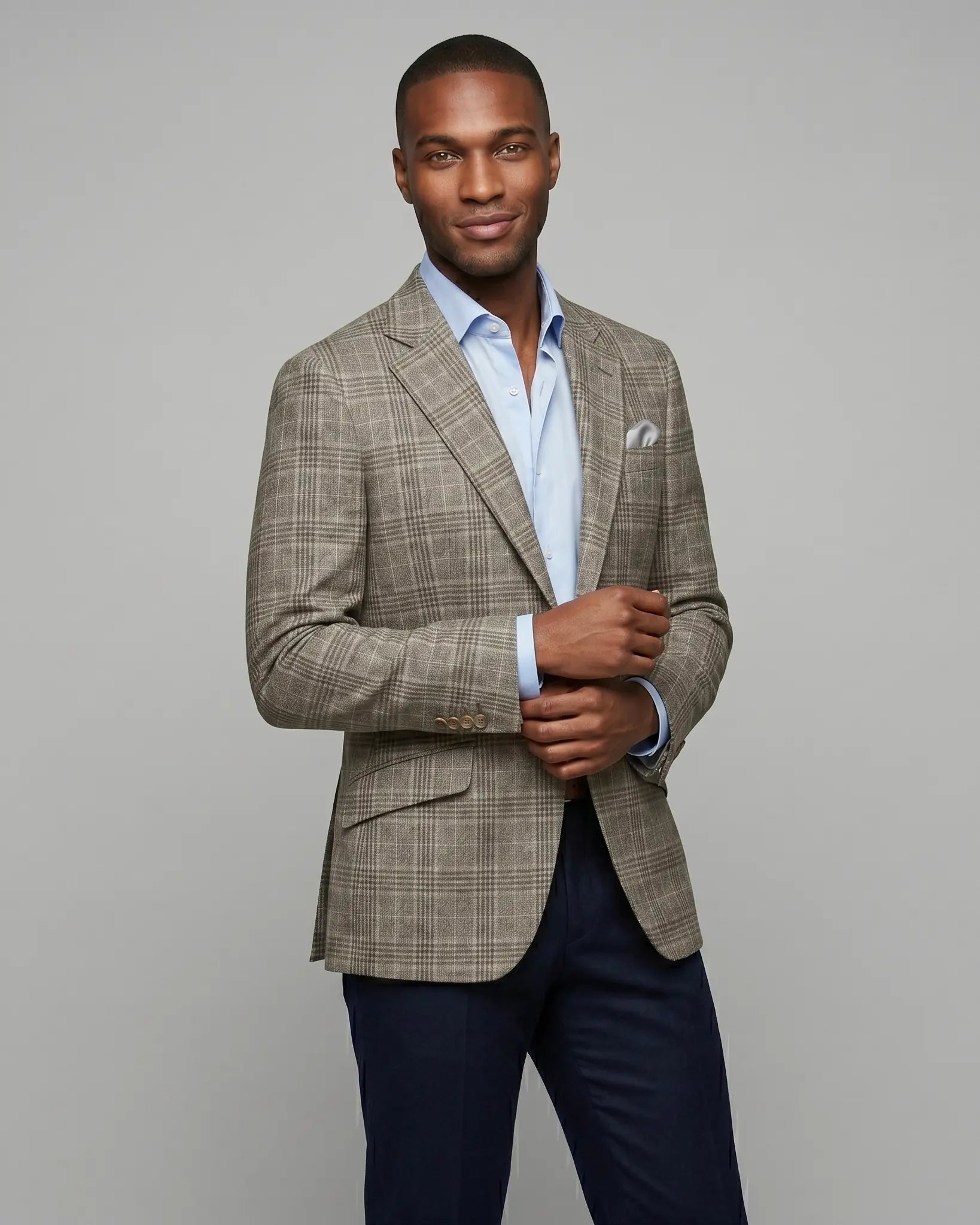 Side view model image of Warm Taupe Textured Check men's sport coat showing body angle and natural drape
