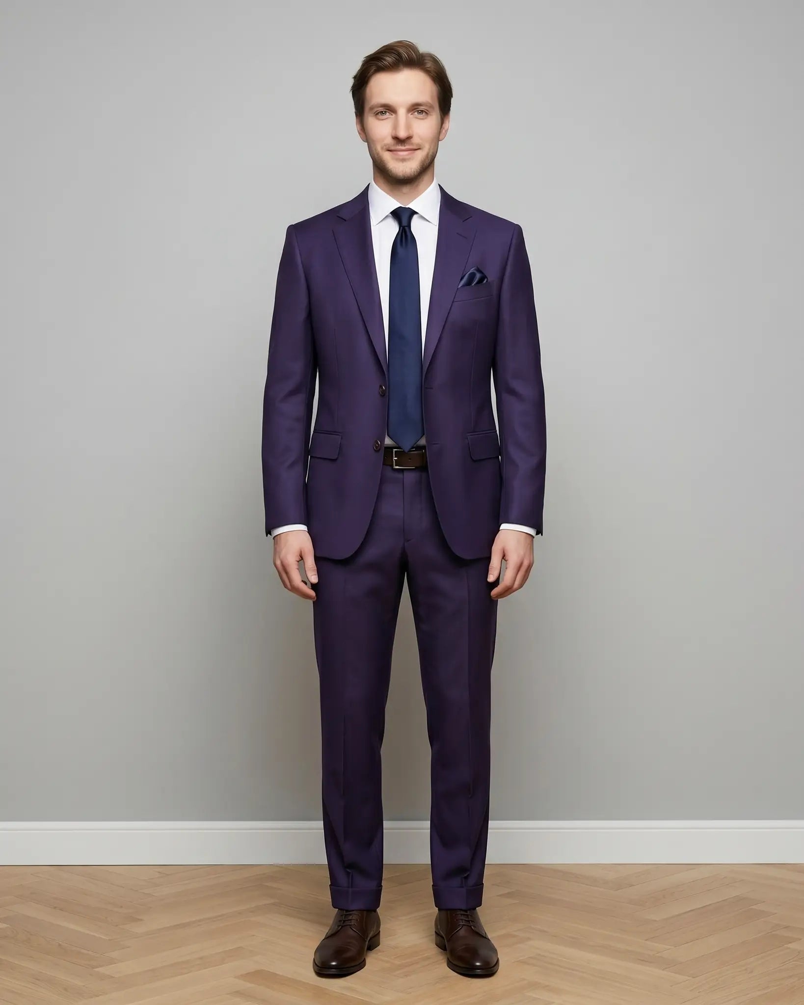 Full body front studio portrait of aubergine birdseye men's suit showing tailored jacket, trousers, belt, tie, and dark brown leather shoes.