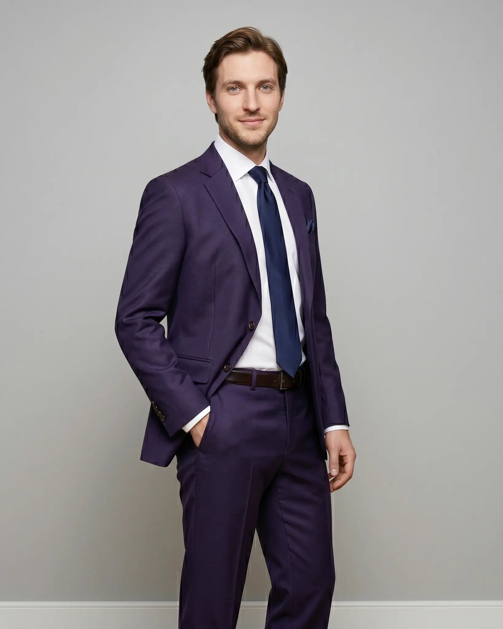 Three quarter studio portrait of aubergine birdseye men's suit showing natural jacket drape, straight flap pockets, and cuffed trousers.