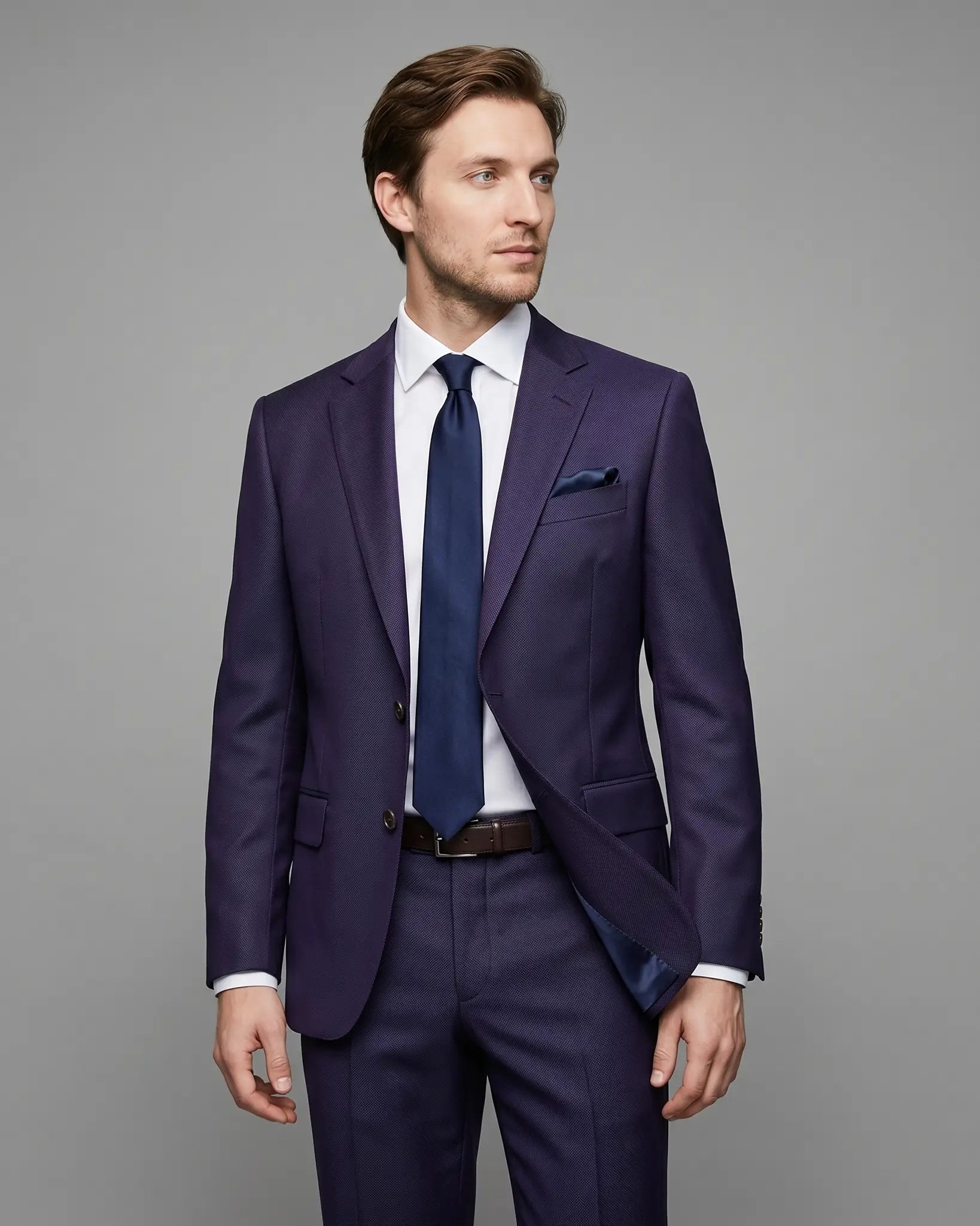 Mid thigh studio portrait of aubergine birdseye men's suit showing notch lapels, natural jacket opening, and a subtle lining glimpse.