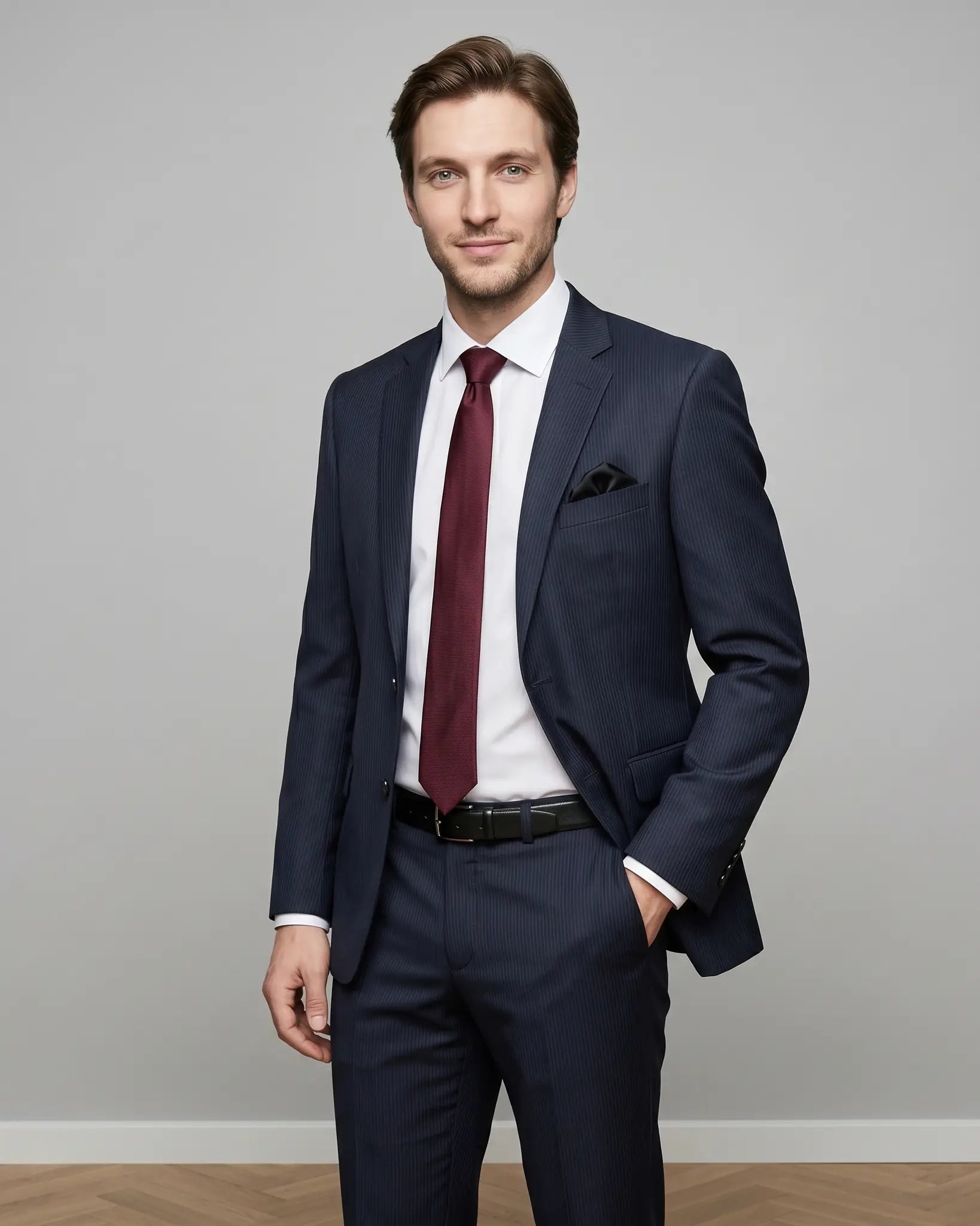 Three quarter model view of black pinstripe men's suit showing notch lapels, straight flap pockets, shirt, tie, and tailored silhouette