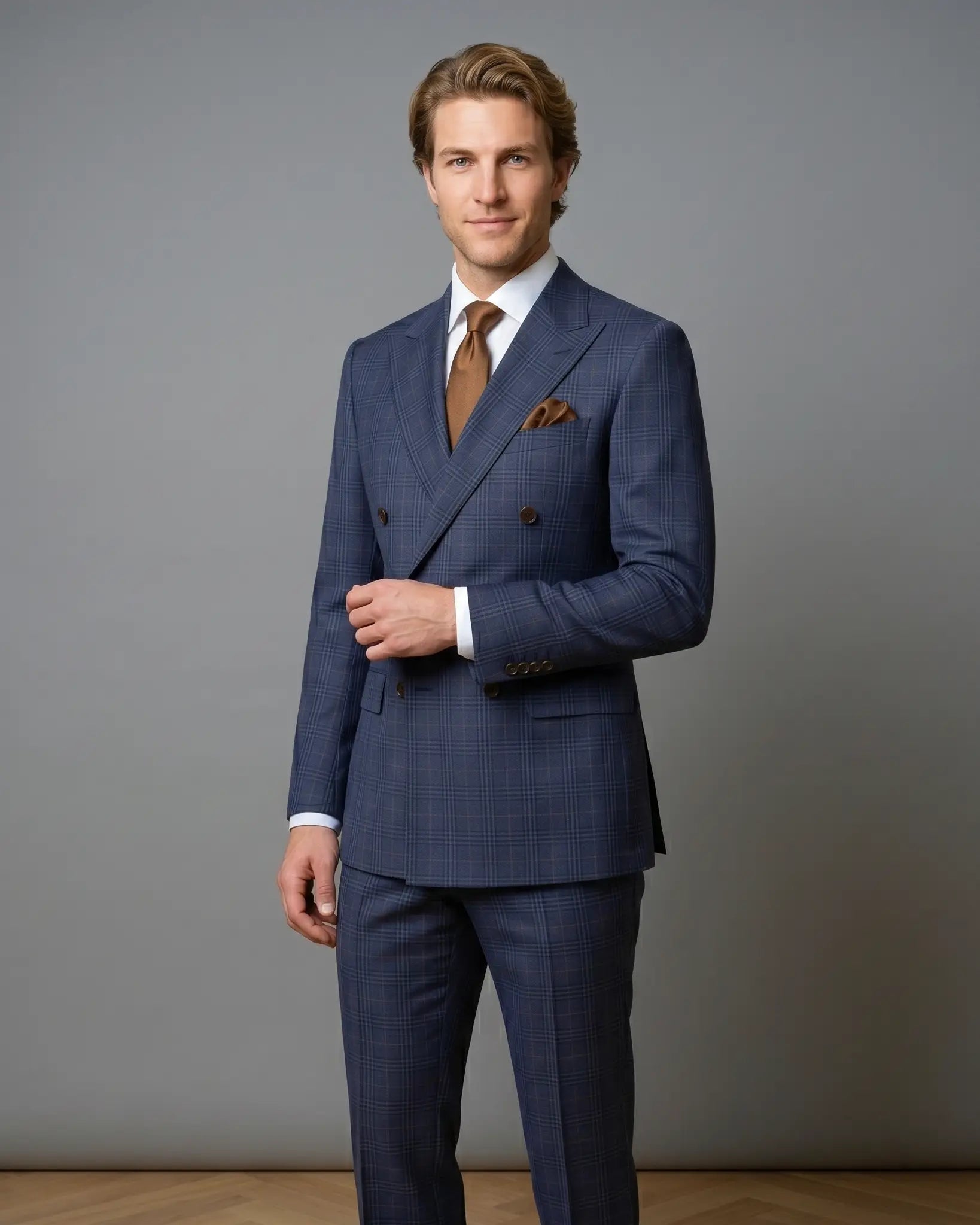 Side model view of blue windowpane plaid men's suit showing three quarter tailored fit