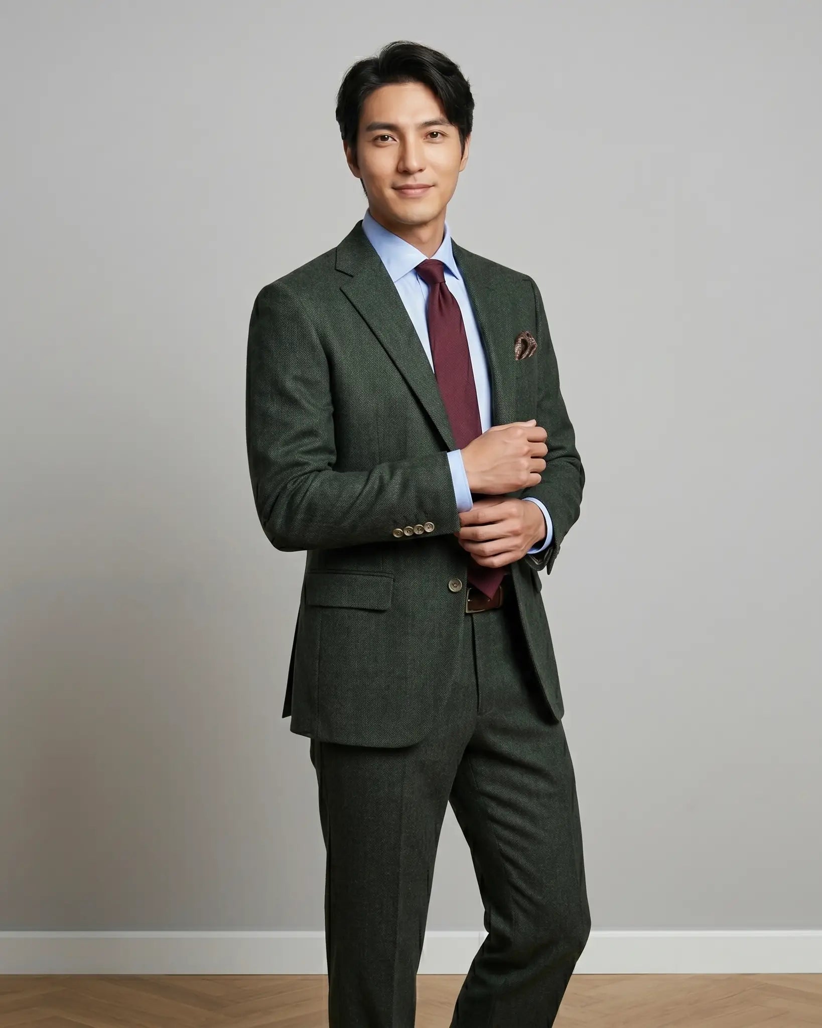 Side model view of dark forest green herringbone men's suit showing angled jacket drape