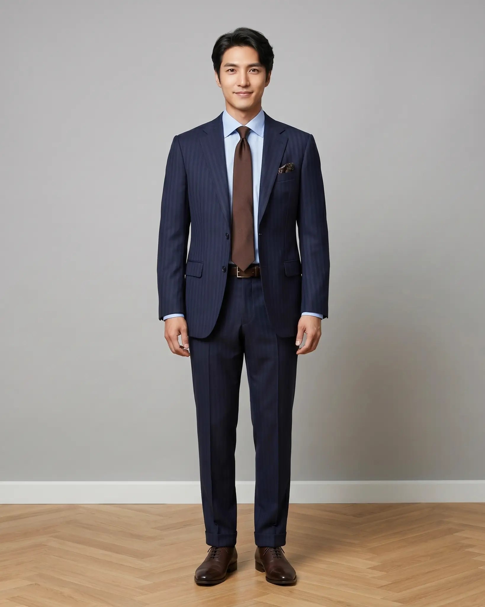 Full body front model image of dark navy with brown herringbone stripe men's suit showing the complete tailored suit.
