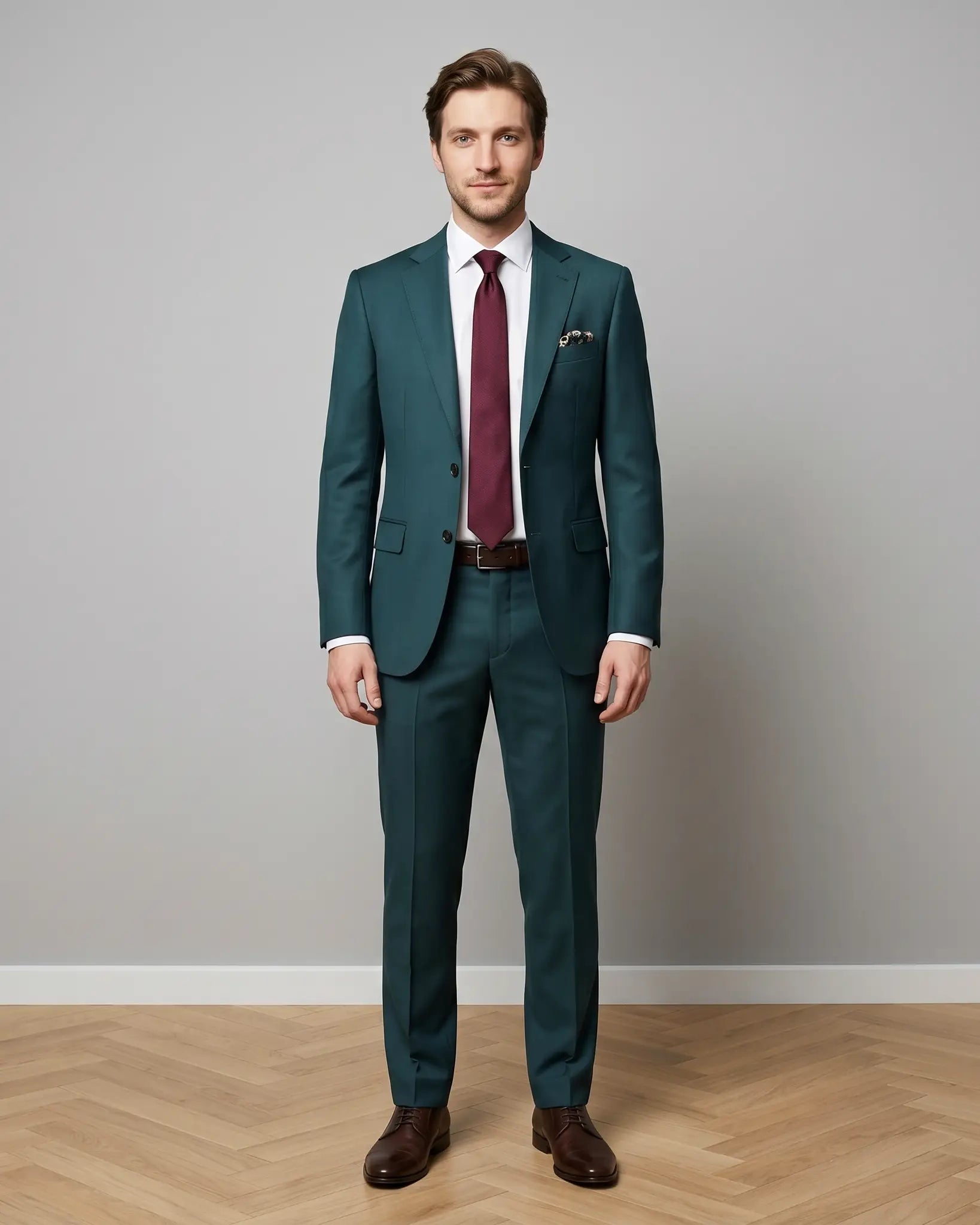 Model front view of deep teal green solid men's suit showing full body styling, jacket, trousers, tie, belt, shoes, and matching lining pocket square