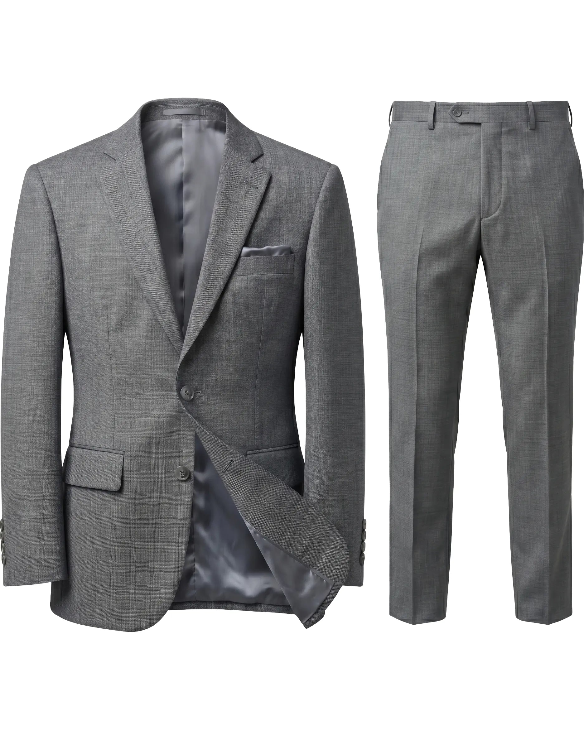 Full suit ghost mannequin view of grey sharkskin men's suit showing jacket and trousers together
