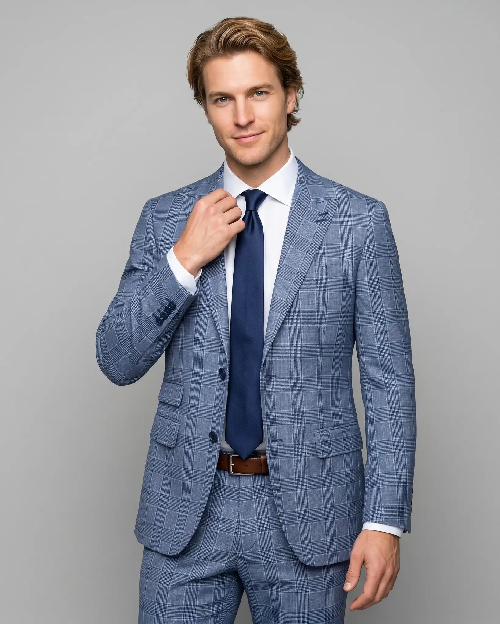 Side model view of light blue Prince of Wales glen plaid with navy windowpane men's suit showing three quarter tailored fit