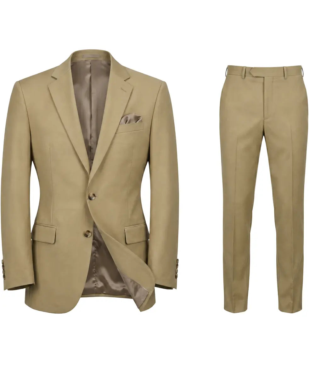 Ghost mannequin view of brown plain men's suit showing full jacket and trouser pairing