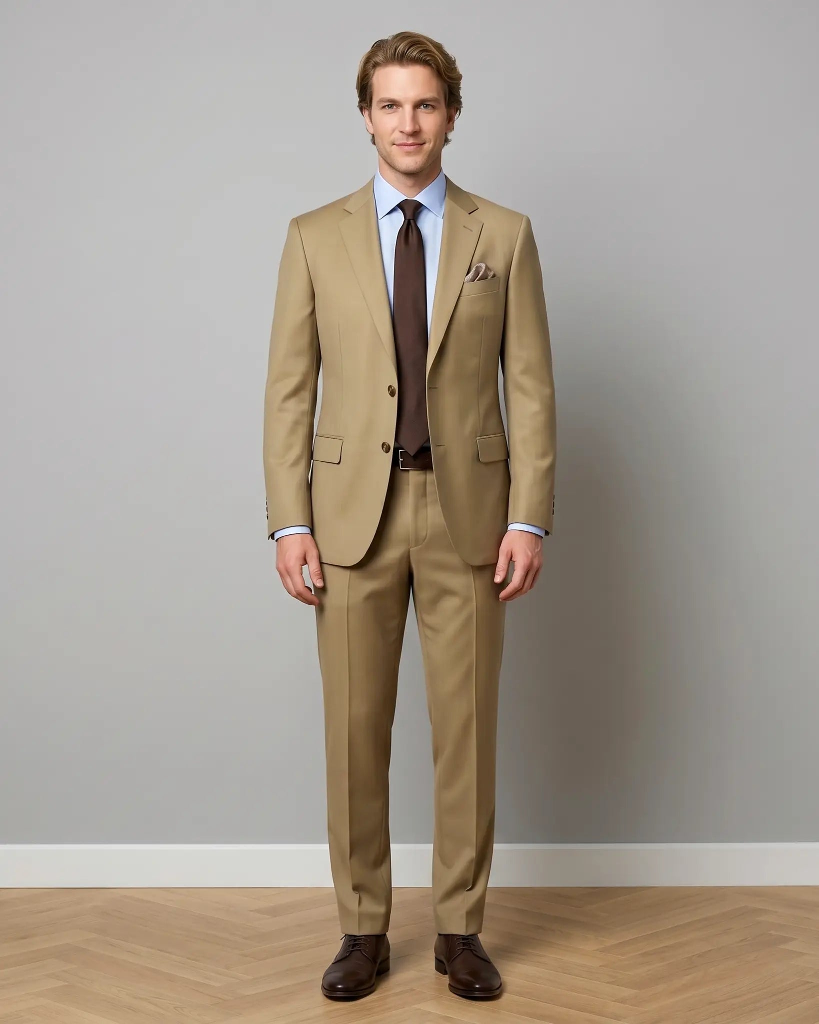 Front model view of brown plain men's suit showing full custom suit styling