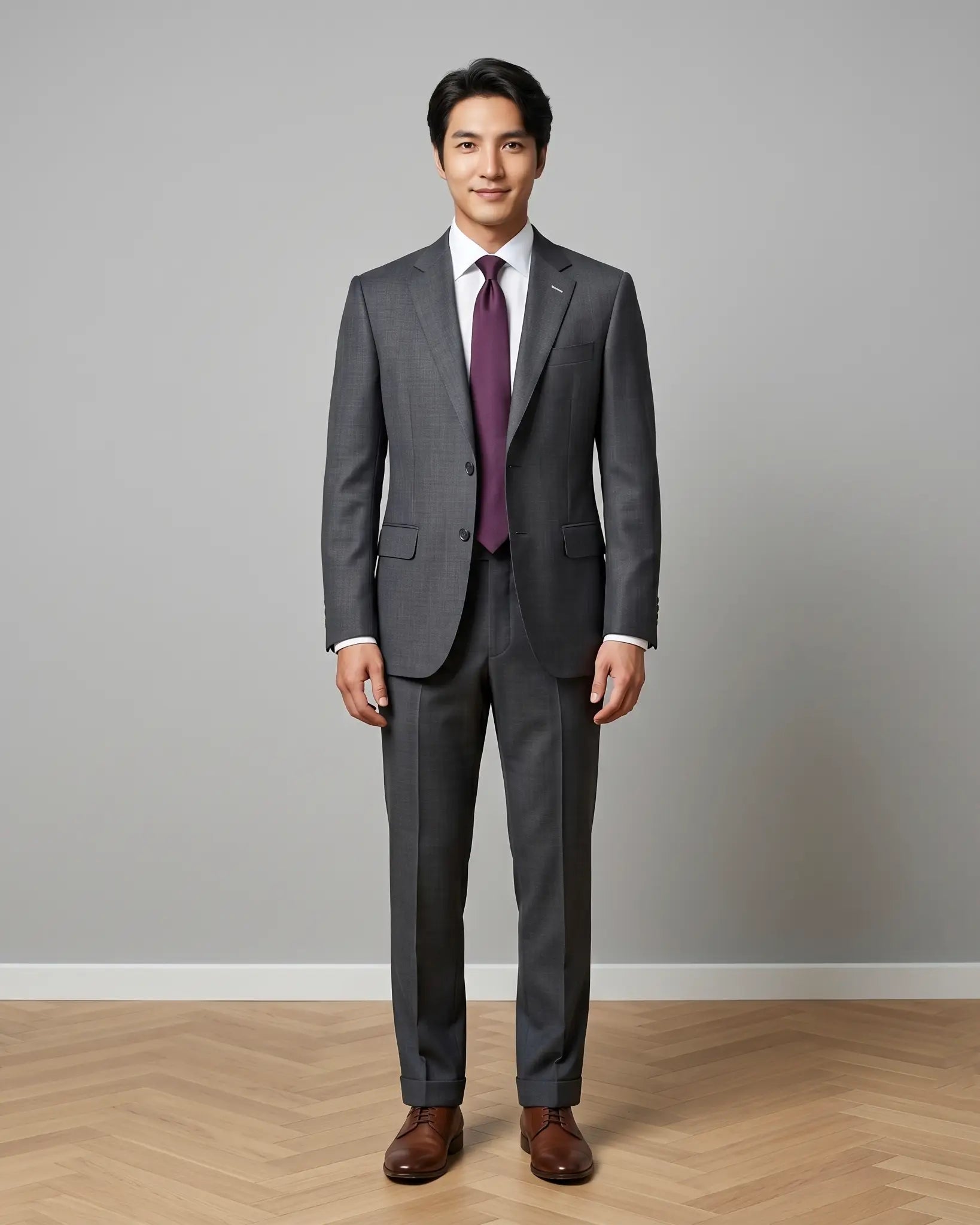 Front model view of medium grey sharkskin men's suit showing full body fit, jacket construction, matching trousers, tie styling, and pocket square