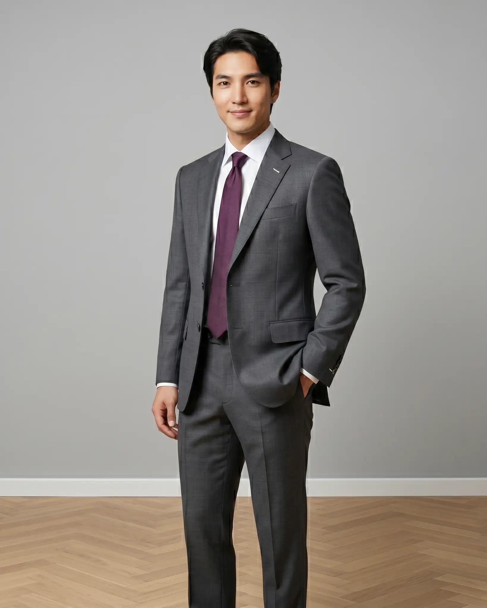 Side angle model view of medium grey sharkskin men's suit showing tailored jacket shape, sleeve line, trouser fit, and buttonhole details