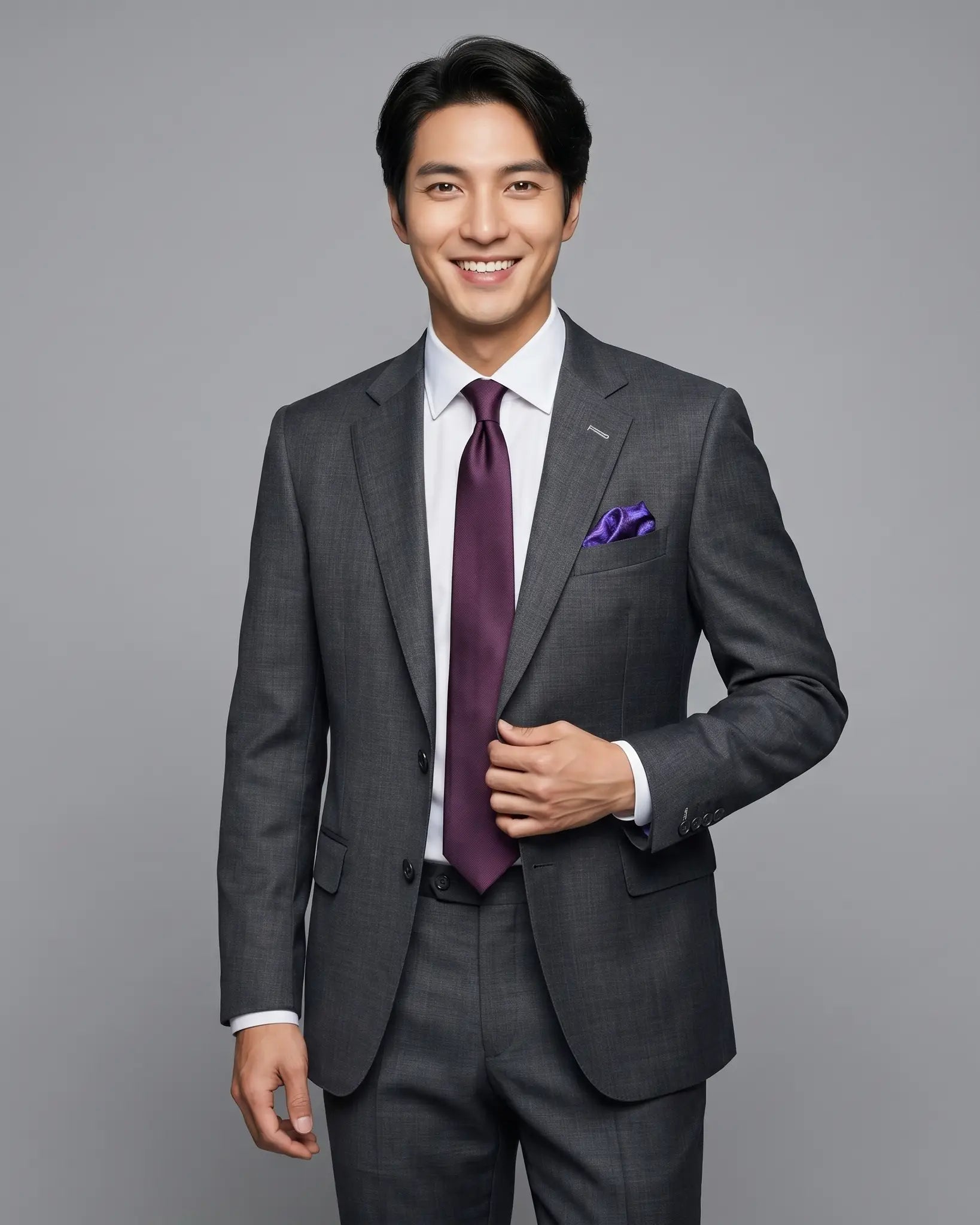 Editorial side view of medium grey sharkskin men's suit showing lapel shape, natural jacket opening, and subtle lining glimpse