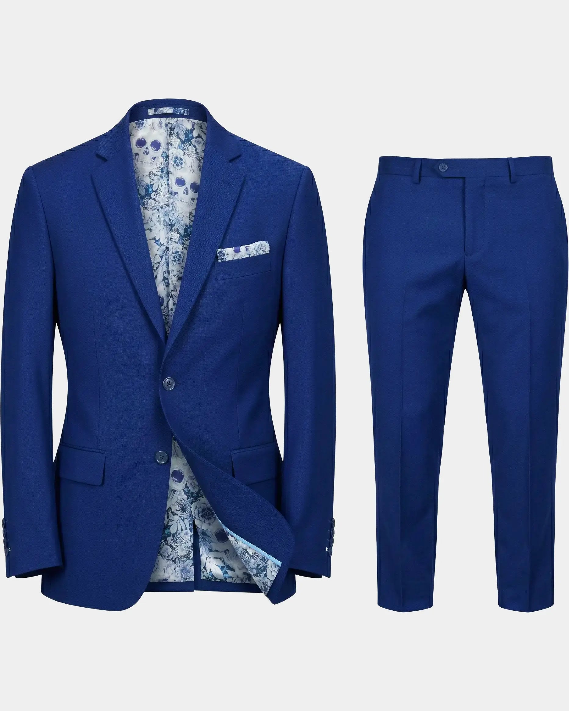 Full suit presentation of royal blue sharkskin men's suit showing matching jacket and trousers.