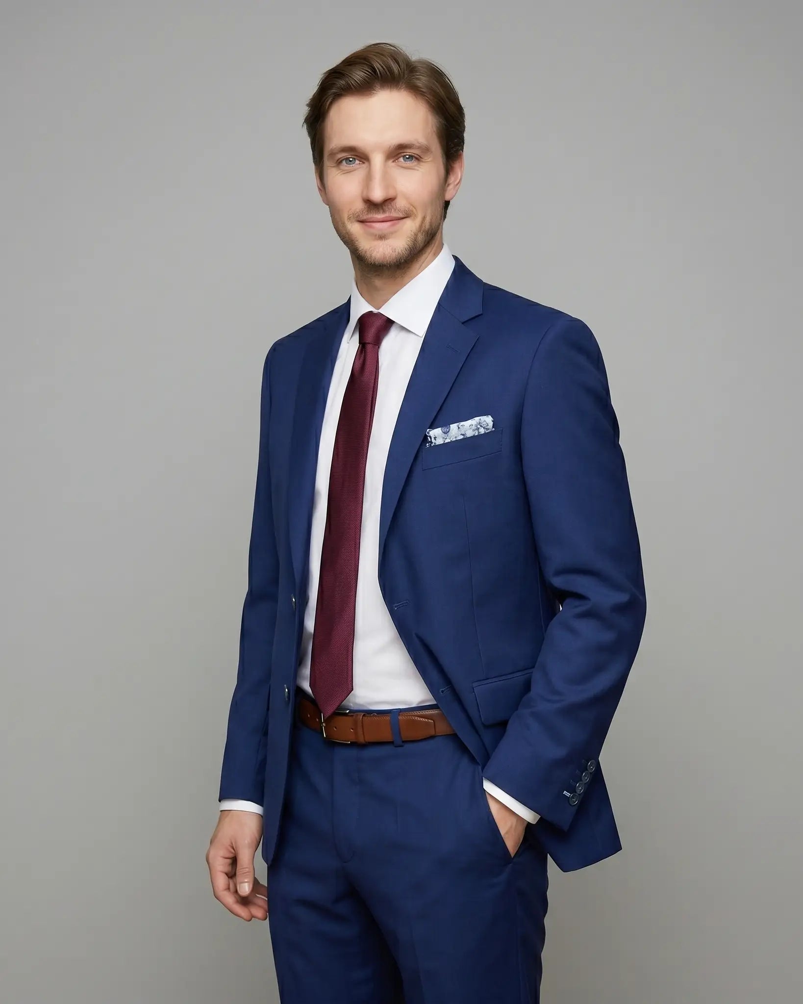 Three quarter studio portrait of royal blue sharkskin men's suit showing natural jacket drape, straight flap pockets, and plain tapered trousers.