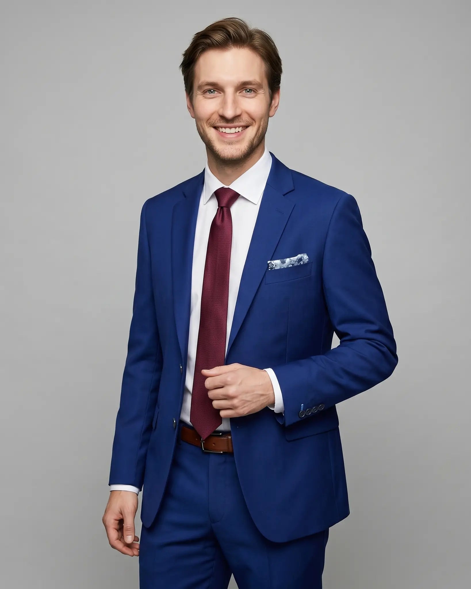 Mid thigh studio portrait of royal blue sharkskin men's suit showing notch lapels, natural jacket opening, and a subtle Blue Skulls lining glimpse.