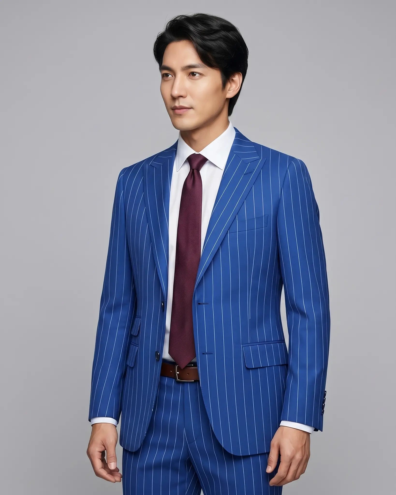 Angled model view of royal blue white pinstripes men's suit showing lapel and lining glimpse