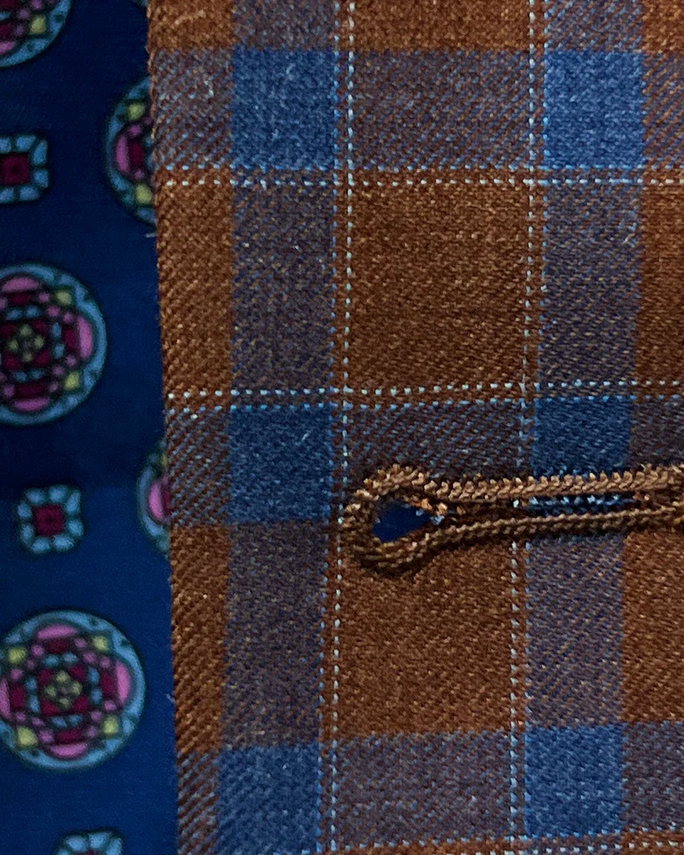 Macro view of hand-finished buttonhole stitching showing precision craftsmanship and red accent threading against check pattern