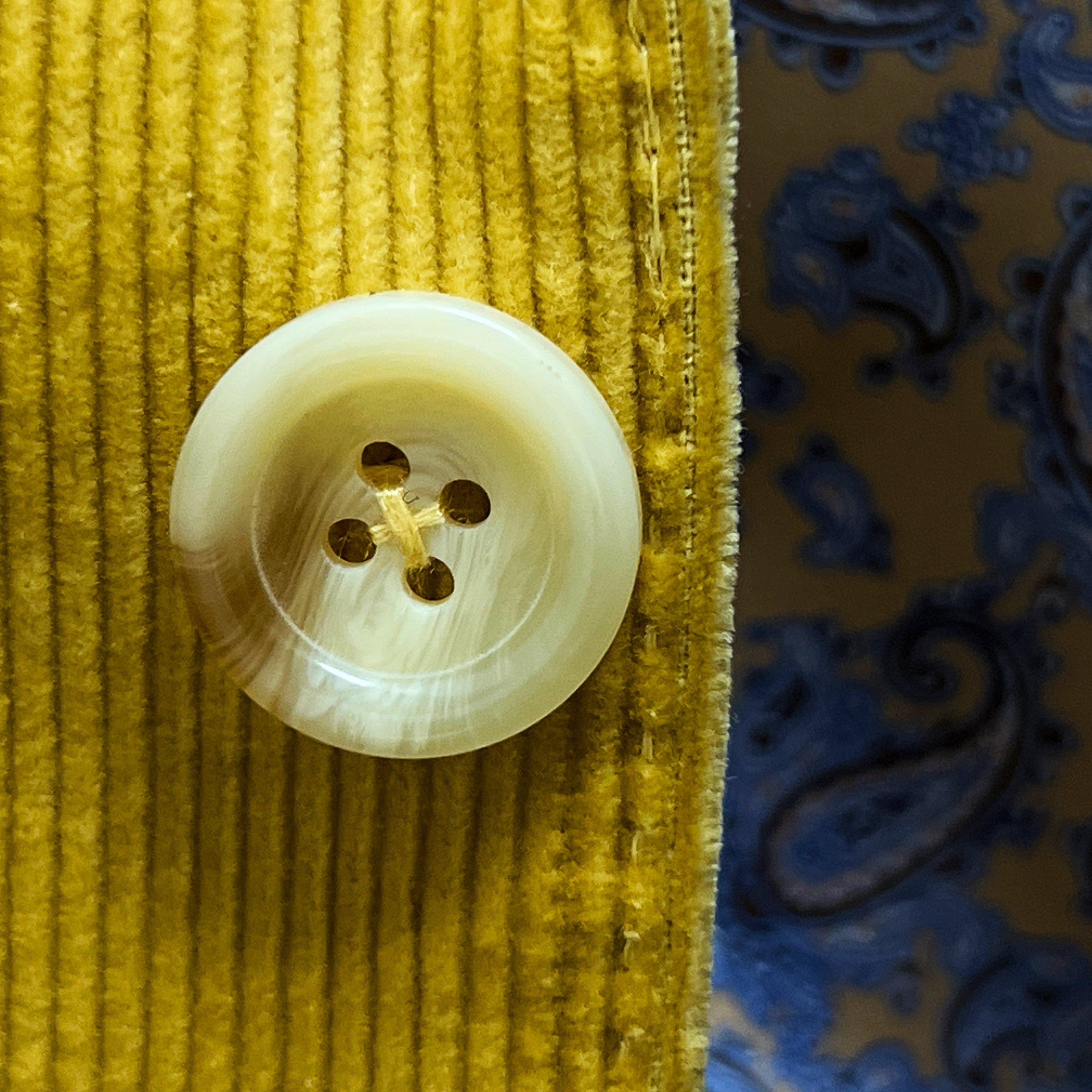 Close-up of light cream horn buttons with caramel swirl on warm mustard yellow corduroy sport coat showing natural patterns