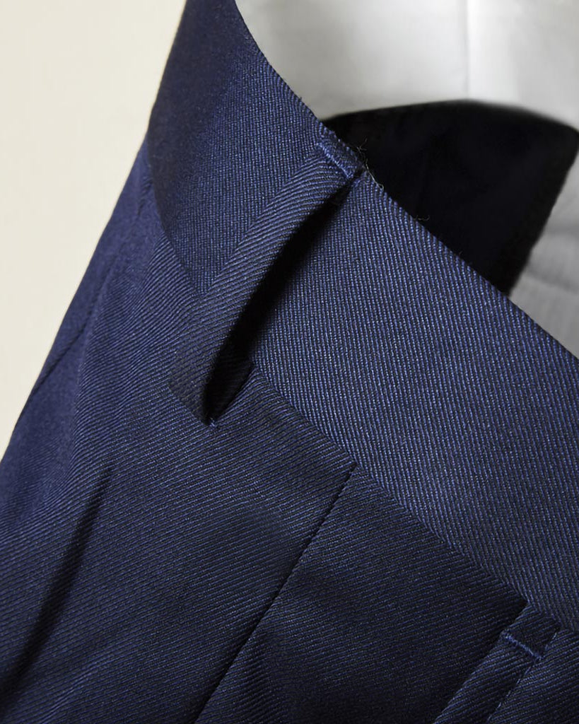 Online suit design: plain weave navy men's trousers, front pocket and belt loop details