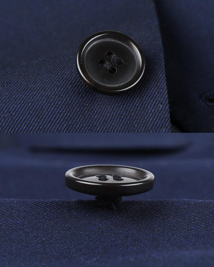 Men's custom tailored plain weave suit in navy, side view highlighting the precise fit for work