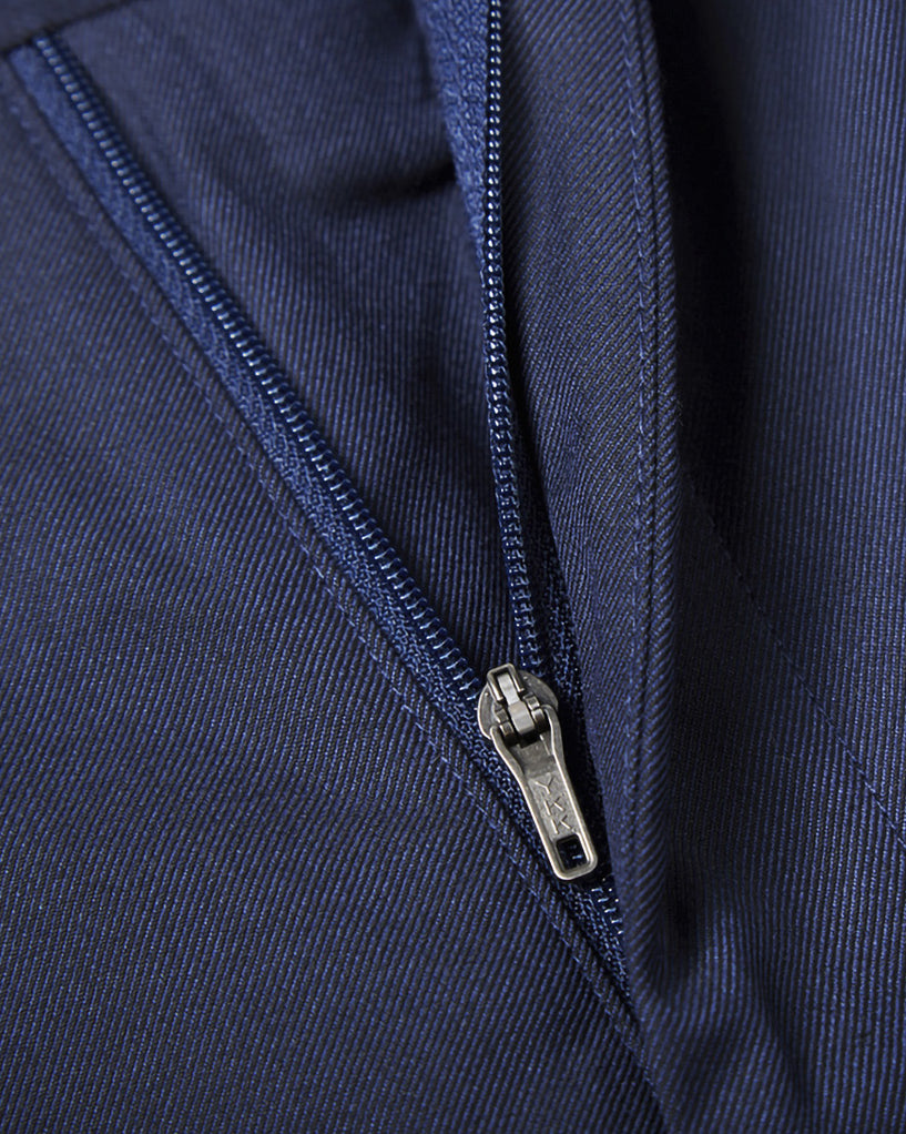 Online suit design: plain weave navy men's trousers, zipper and belt loop details