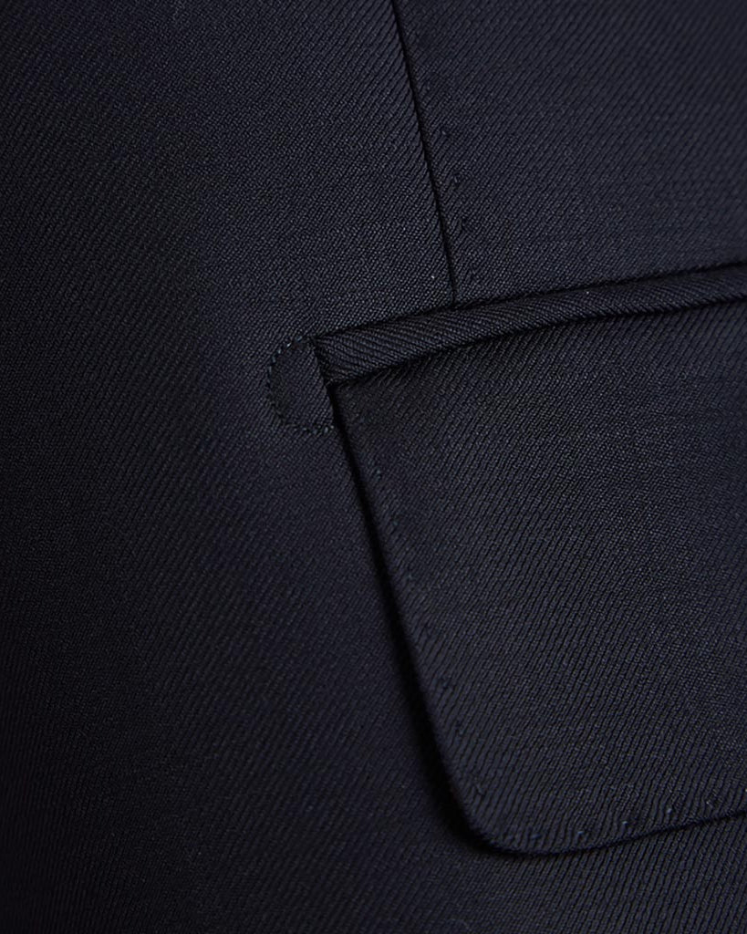 Plain weave black men's suit, rear view showcasing custom tailoring and online suit design